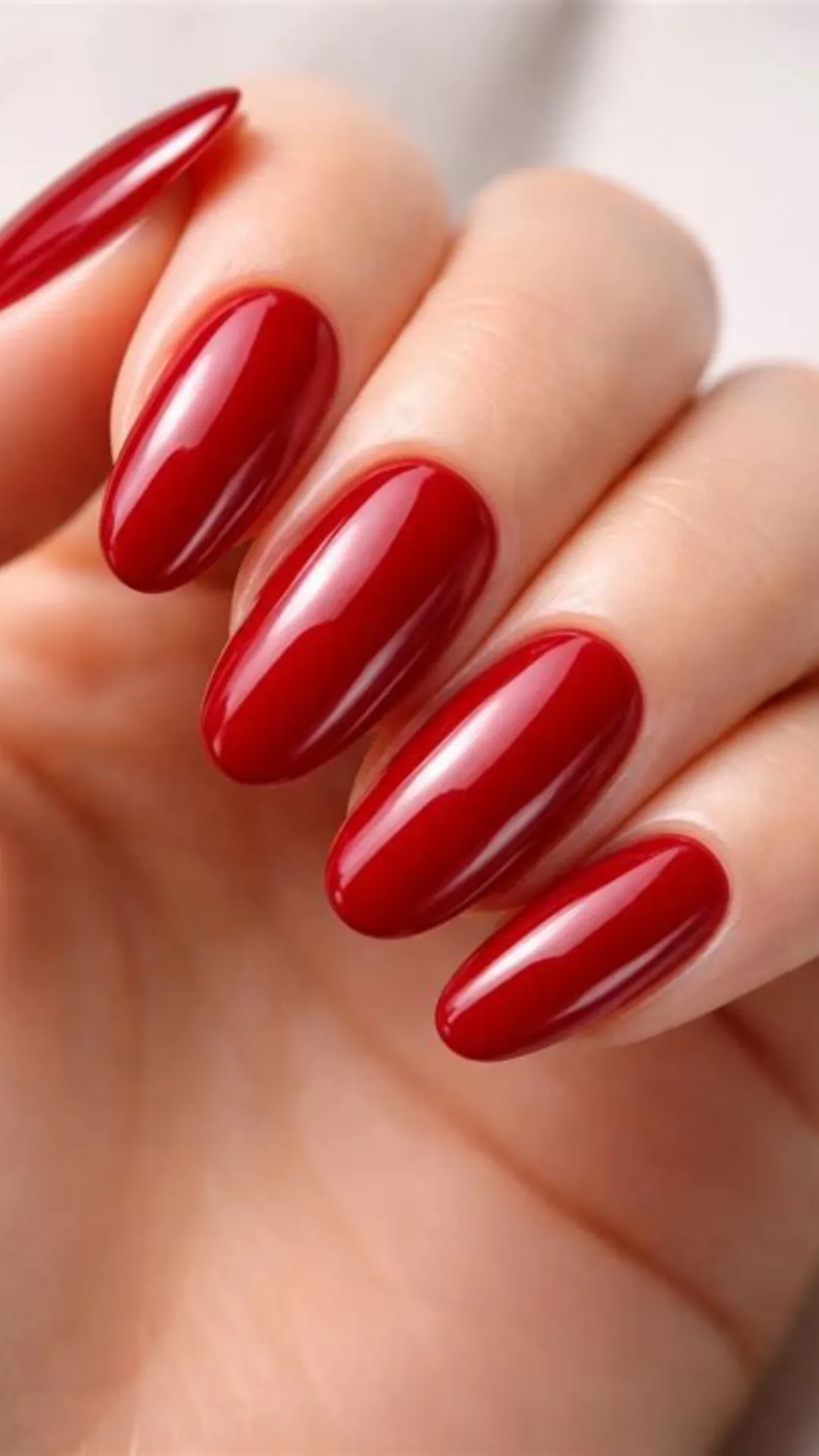 A close-up photograph showcasing a timeless, ultra-glossy manicure on long, oval-shaped nails. The fingernails are painted in a deep, vibrant cherry red hue with a glass-like shine. The smooth, mirror finish captures distinct reflections of light along the curves of each nail bed, highlighting a classic, sophisticated, and bold solid color choice.