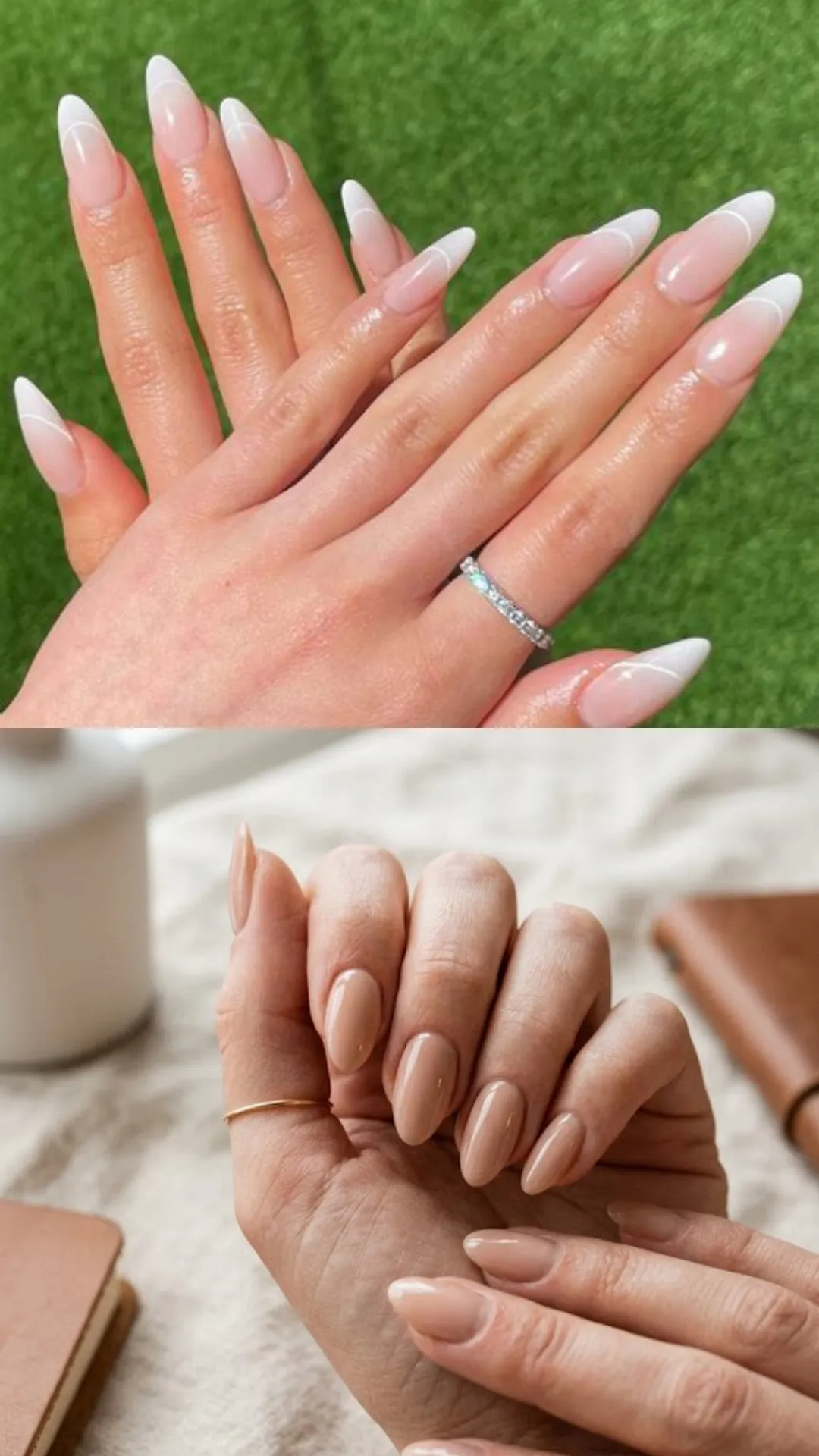 A composite image showcasing two versatile nude manicures. The top half displays two hands with long, almond-shaped nails featuring a high-gloss, sheer pinkish-nude base and ultra-clean white French tips, accessorized with a subtle diamond eternity band over a green grass background. The bottom half shows a close-up of hands with short, rounded nails coated in a smooth, warm caramel-beige creme polish, set against a cozy neutral linen background.