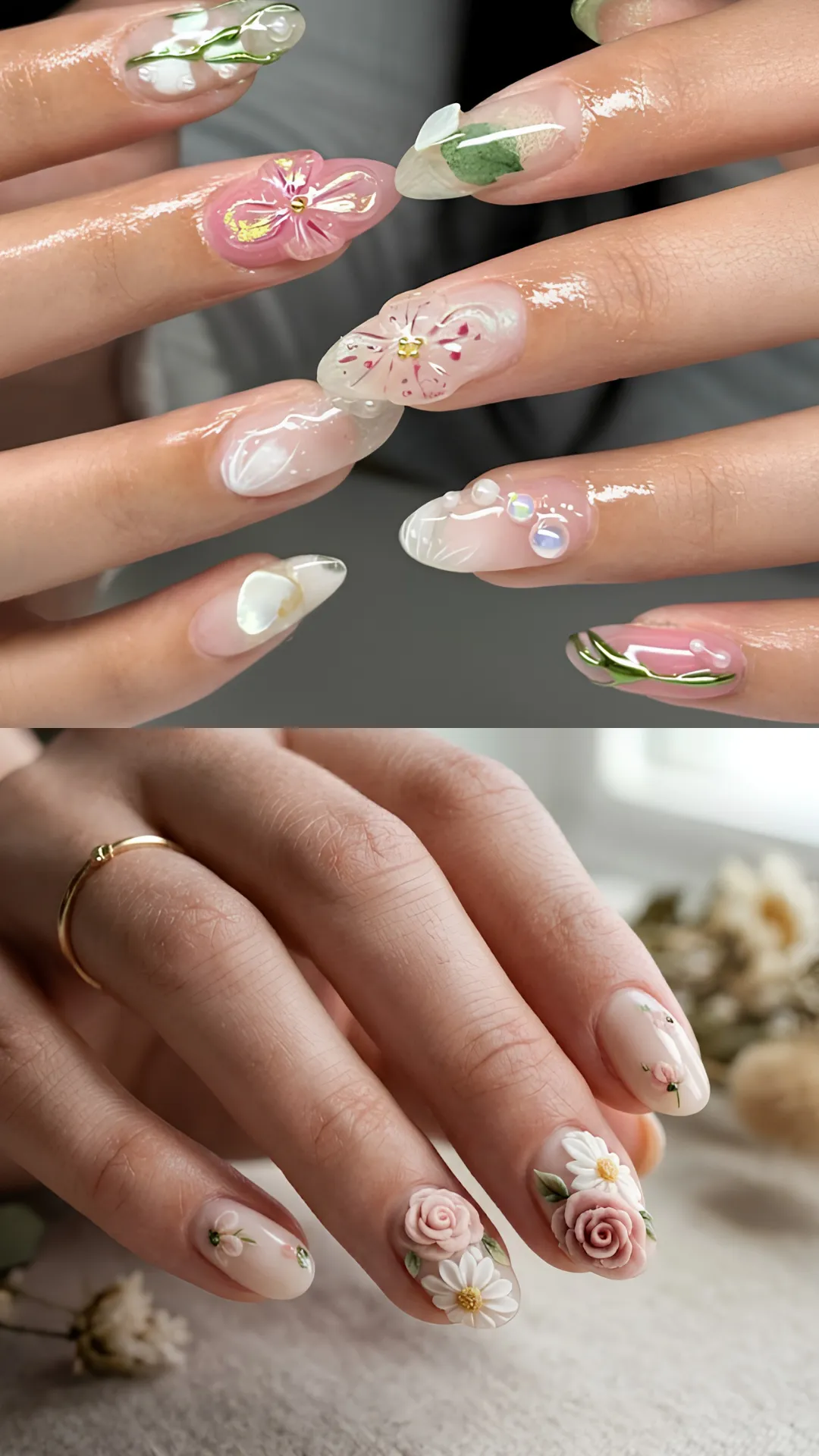 A split-screen photograph showcasing delicate 3D floral manicures on almond-shaped nails. The top image shows translucent, glossy gel nails decorated with raised 3D flower petals, clear water droplets, and pearl accents. The bottom image displays a vintage-inspired look on natural nude nails featuring intricate, hand-sculpted 3D pink roses, white daisies, and green leaves resting near the cuticles and tips.