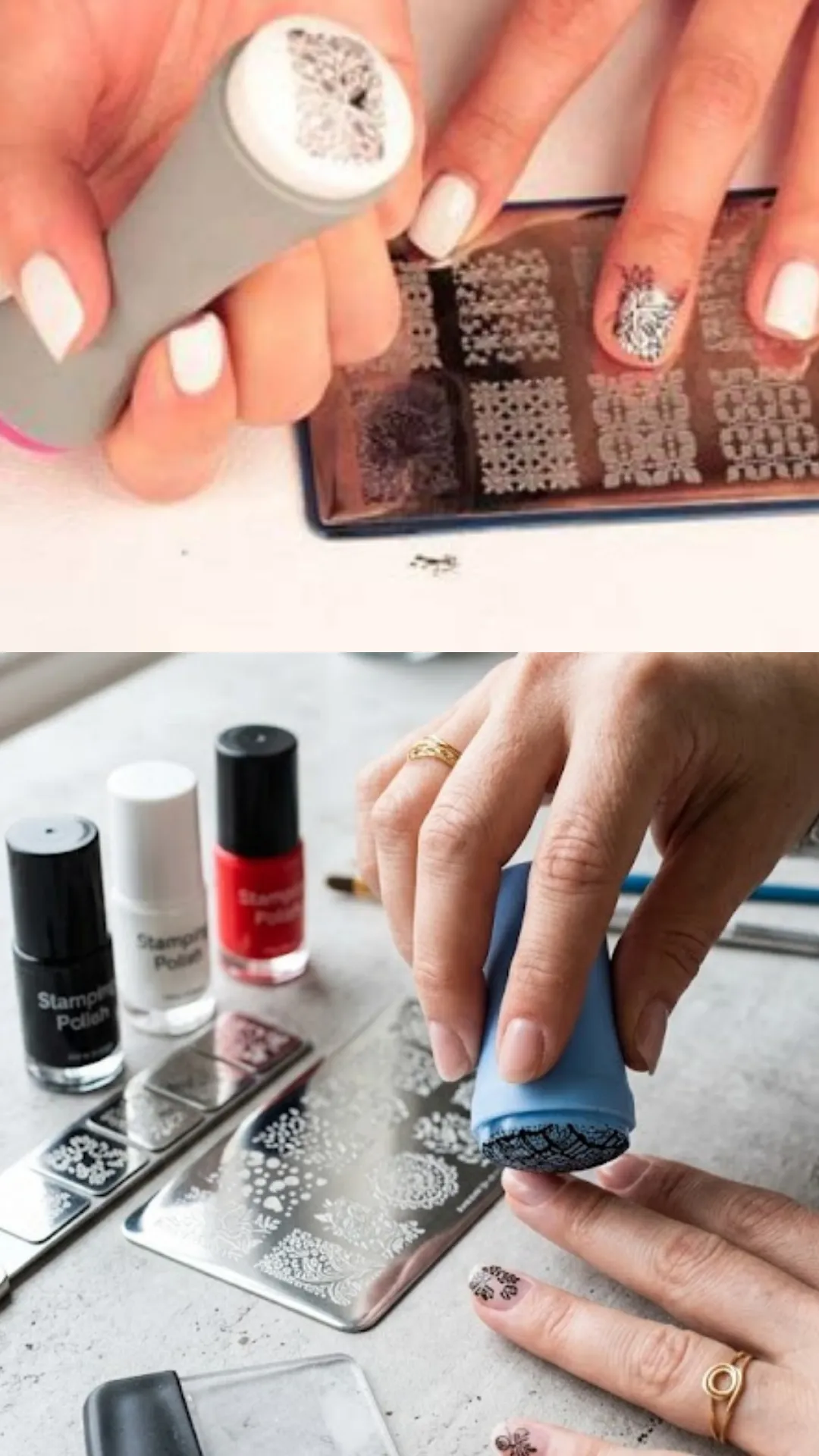 A two-part composite photograph demonstrating the nail stamping art technique. The top half shows a close-up of a person holding a grey silicone stamper tool carrying a crisp white lace pattern lifted from an etched stainless steel metal stamping plate. The bottom half shows a nail artist pressing a blue stamper down onto a natural fingernail next to open bottles of black, white, and red stamping polish.
