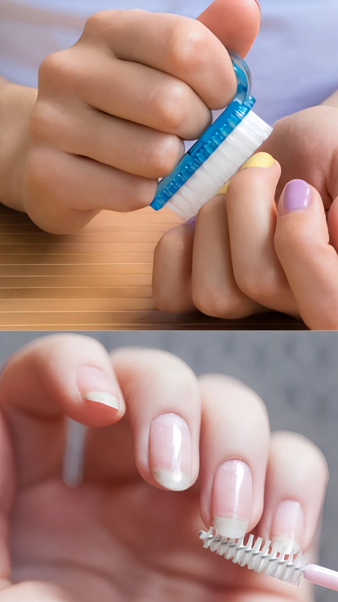 A split-screen image demonstrating essential nail prep for maximum polish adhesion. The top panel shows a person using a blue plastic nail brush with stiff white bristles to thoroughly scrub the surface and free edges of painted fingernails. The bottom panel depicts a close-up of natural, unpainted fingernails being gently cleaned around the cuticles and under the tips using a tiny spoolie micro-brush to remove invisible oils and debris.