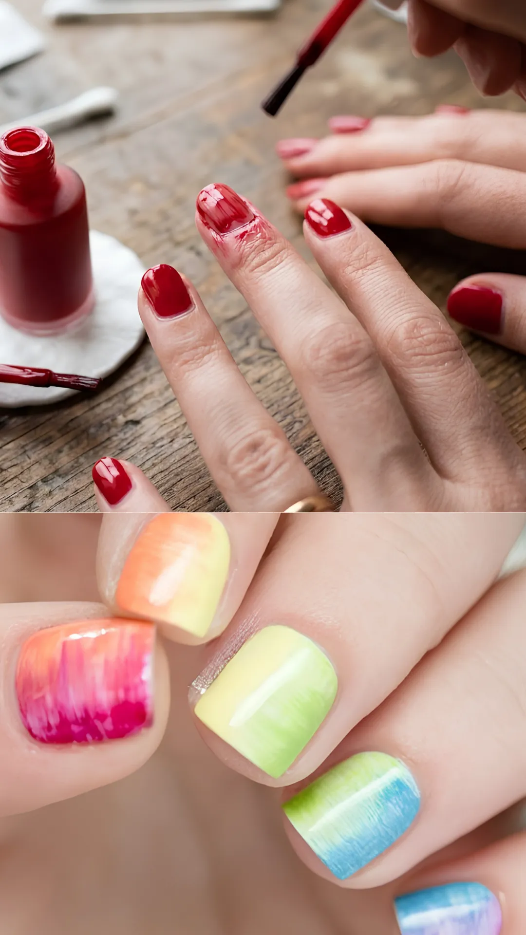 A split-screen image illustrating common polish application errors. The top half shows a hand over a wooden desk struggling with thick, smudged red polish overflowing past the nail bed onto the surrounding skin. The bottom half presents a macro view of uneven, streaky pastel gradient polish applied on short nails without proper blending, highlighting harsh lines and uneven color coverage.