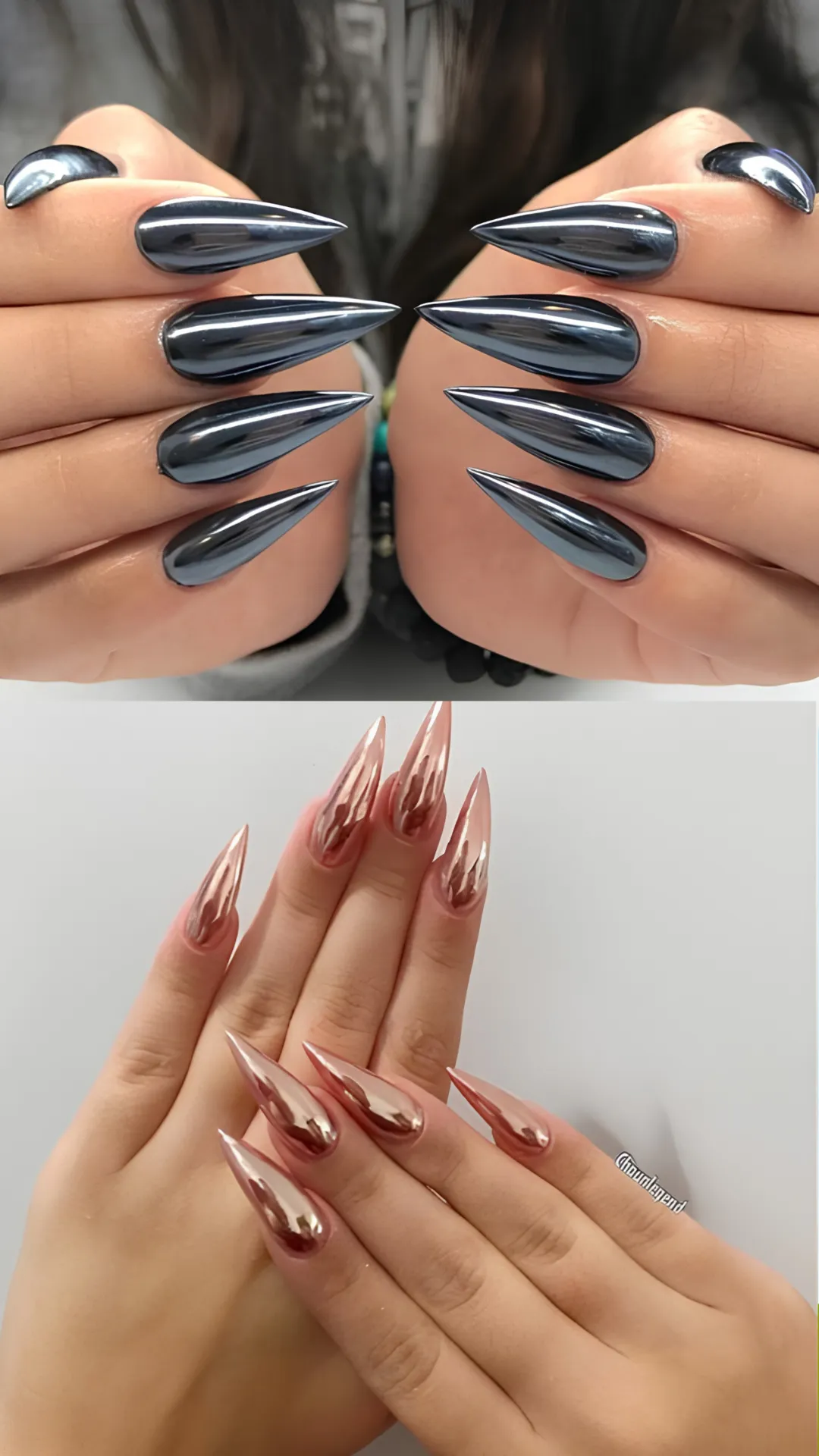 A split-screen photograph highlighting high-shine metallic chrome stiletto manicures. The upper photo shows two hands held together featuring sharp, long stiletto nails coated in a liquid gunmetal silver chrome powder that reflects dark, mirror-like highlights. The lower photo displays two hands with extra-long, razor-sharp stiletto nails in a polished rose gold chrome finish resting on a white background.