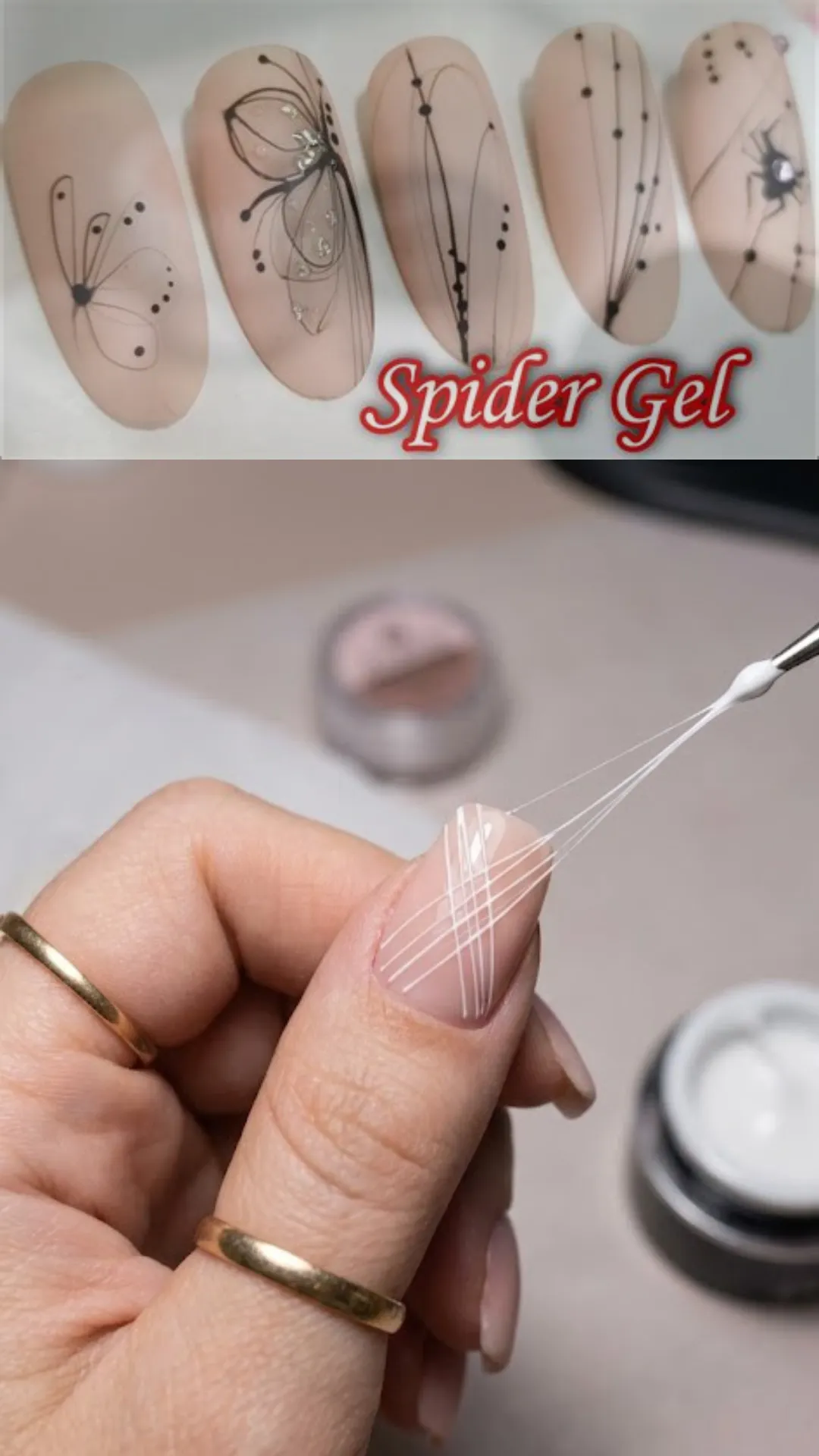 A two-part compilation image showing spider gel nail art application. The top half displays five plastic false nail tips on a white background, featuring matte beige bases decorated with delicate black spider gel lines forming abstract butterflies, geometric streaks, and a tiny spider accent with silver rhinestones. The bottom half shows a close-up of a person's hand with short, glossy nude nails as a dotting tool pulls a thick, elastic string of white spider gel across the nail to create clean, intersecting linear patterns.