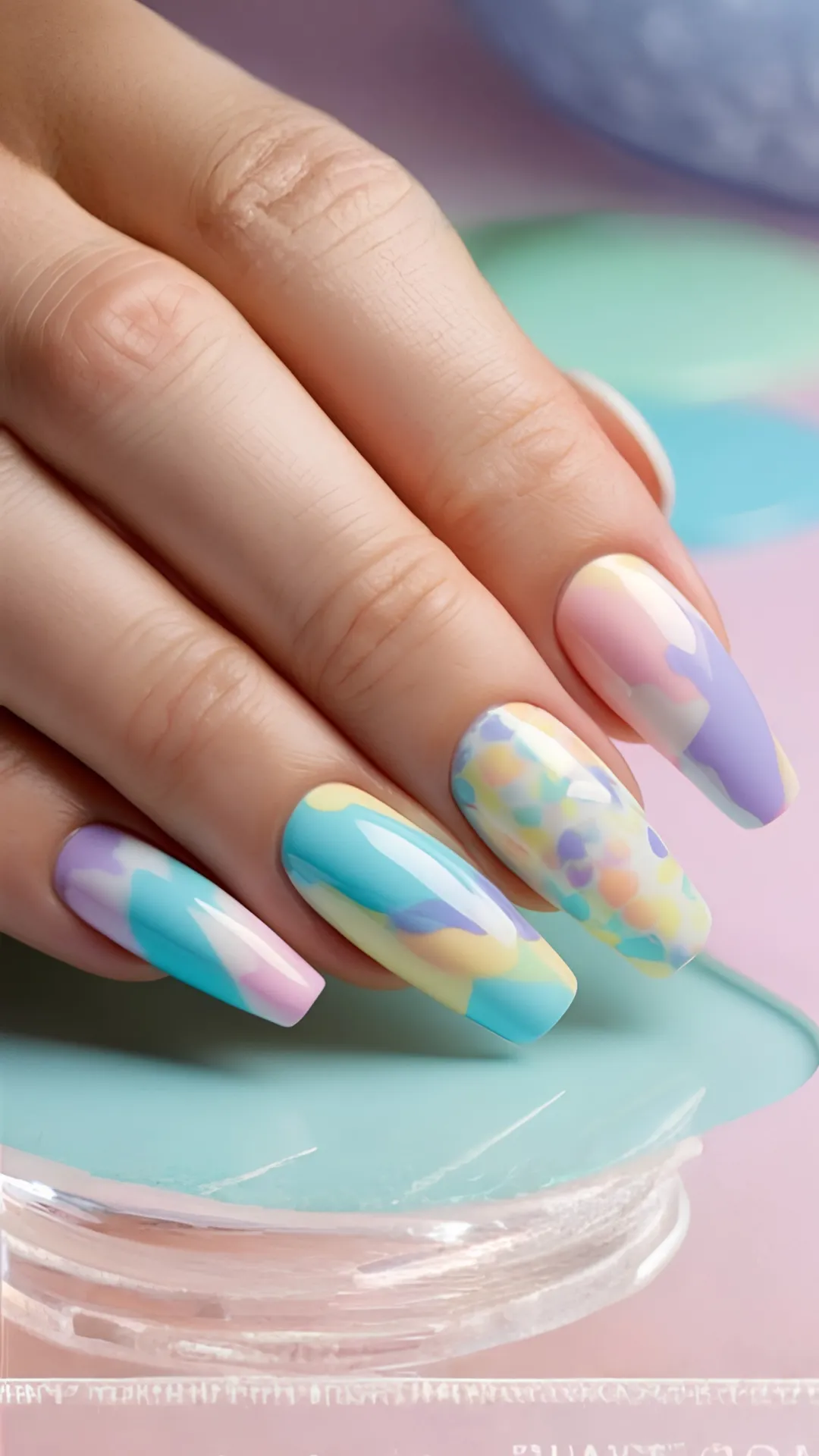 A close-up shot of a hand showcasing a vibrant, multi-colored pastel camouflage gel manicure on long, square-shaped fingernails. The design features a smooth, high-gloss topcoat over overlapping patches of baby blue, soft lavender purple, creamy pastel yellow, and gentle pink gel polish. One accent nail stands out with a detailed, impressionistic confetti-like pattern consisting of tiny, multicolored dappled dots.