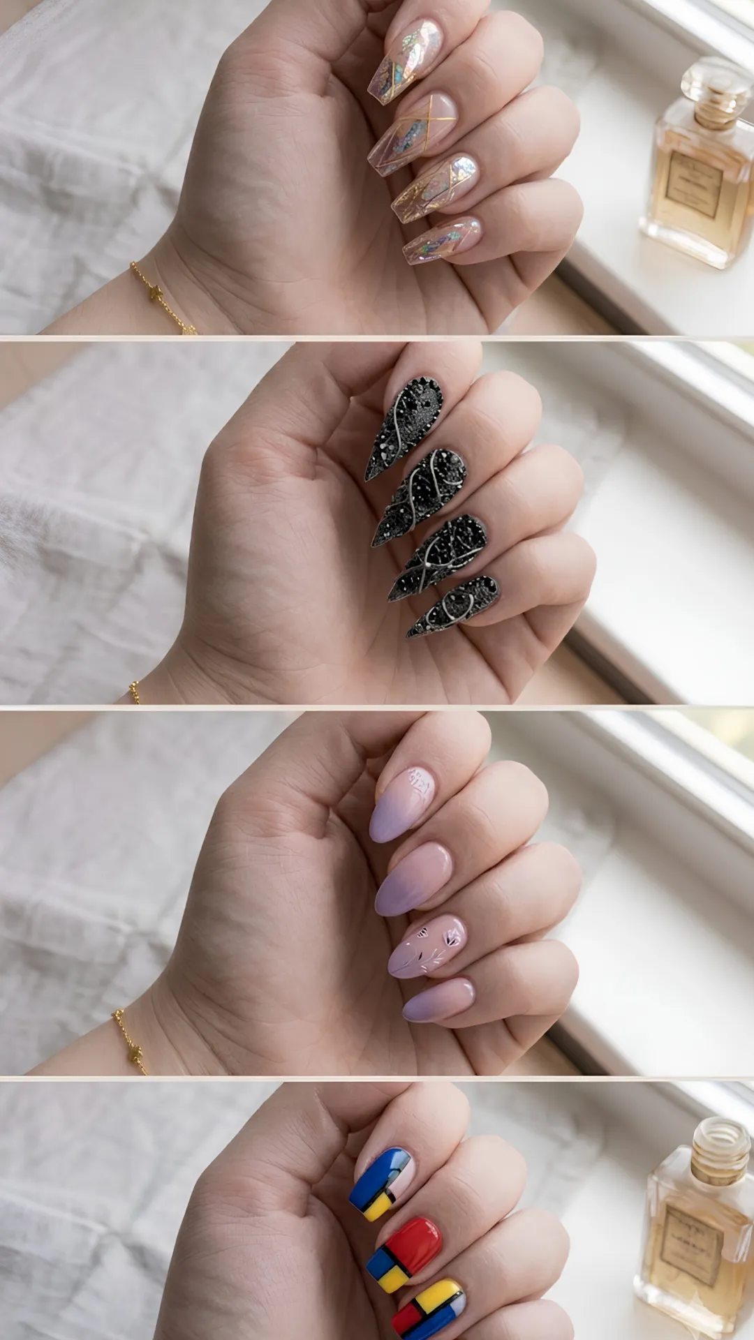 A vertical collage of four unique acrylic nail art styles on short to medium lengths. The top panel shows clear nails infused with gold flakes and fine geometric wire patterns. The second panel displays textured, glittering black stiletto nails laced with white abstract web designs. The third panel shows soft pastel purple-to-nude ombré nails with dainty floral stamps. The bottom panel features a bold geometric color-block manicure inspired by Mondrian art with primary colors of blue, red, and yellow separated by black lines.