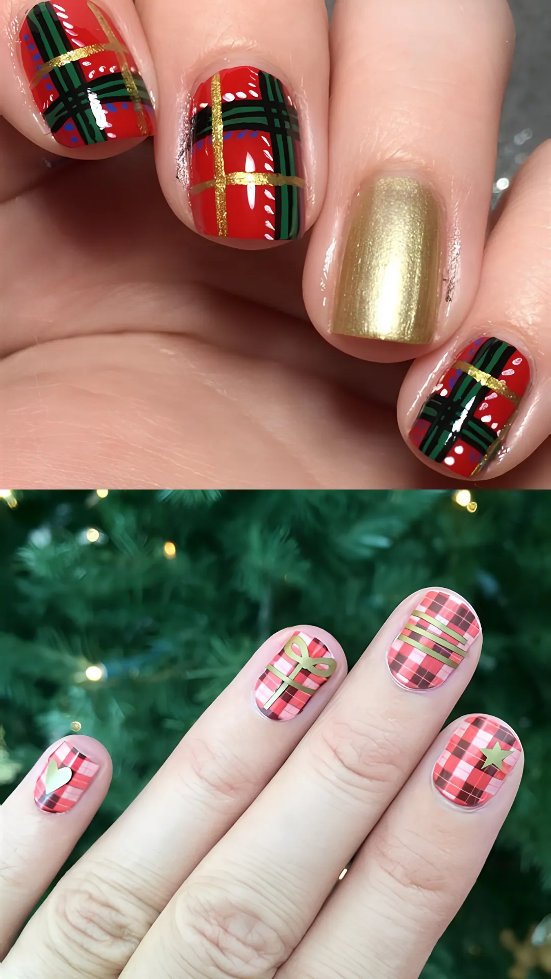 Cozy holiday plaid nail art featuring a classic red, green, and gold tartan pattern with a solid metallic gold nail, paired below with a soft pink and red plaid pattern accented with small gold holiday decals.