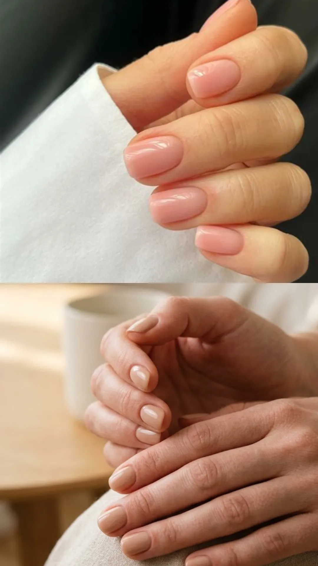 A split-screen photograph highlighting classic, clean, and understated manicures. The top section shows a close-up of neatly manicured short, square nails painted in a glossy, translucent jelly-pink polish against a white shirt sleeve. The bottom section depicts a pair of hands held loosely together over a wooden tabletop, displaying a soft, natural beige-nude cream manicure on short, rounded fingernails.