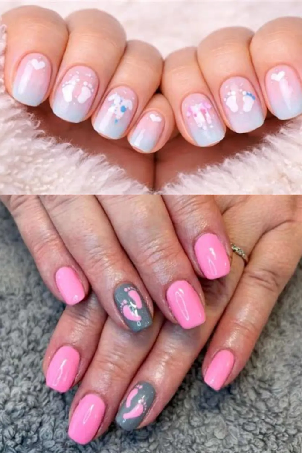A split-screen photograph showing two distinct baby shower manicures. The top section showcases short, rounded nails with a pastel pink and blue ombré gradient decorated with white baby footprints, hearts, and baby onesie outlines. The bottom section depicts a vibrant bubblegum pink manicure on square nails, featuring a grey accent nail stamped with bright pink baby footprints.