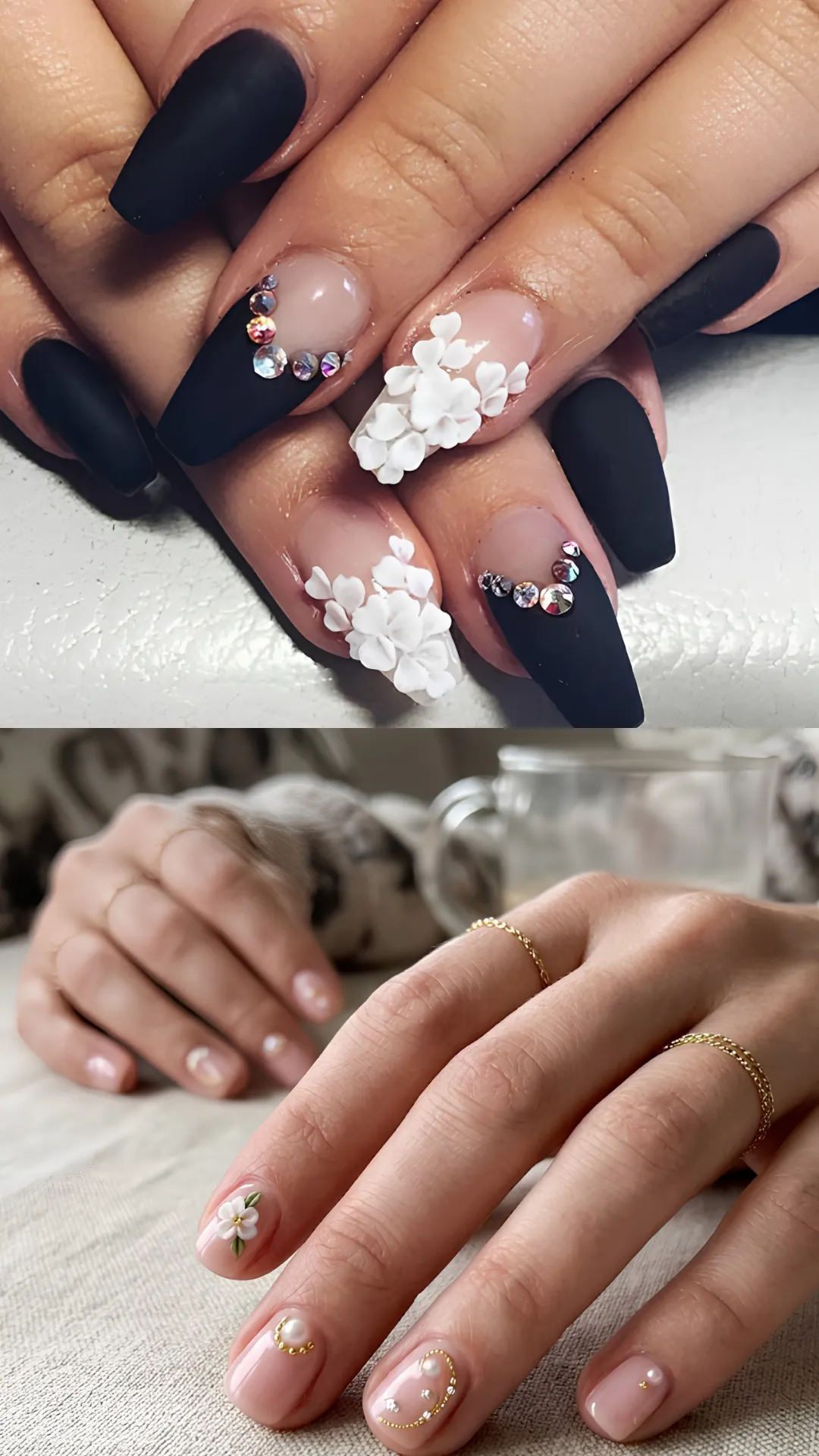 A two-part photo showcasing contrasting dark and light 3D floral accents. The top image shows long coffin nails painted in matte black, featuring accent nails decorated with dense 3D sculpted white flower clusters and crystal rhinestones along the cuticles. The bottom image shows short, sheer pink nails with a delicate, single 3D white flower and tiny gold chain and pearl arcs.