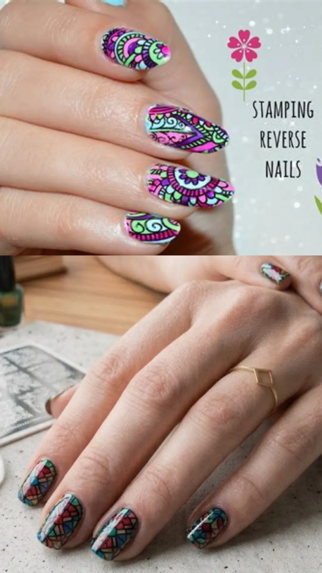 A split-panel image focusing on advanced "reverse stamping" techniques. The top panel shows long almond nails decorated with colorful, hand-filled mandala stamping art labeled "Stamping Reverse Nails." The bottom panel shows short, squared nails stamped with a black stained-glass grid filled in with rich jewel-toned red, blue, green, and amber polish segments.
