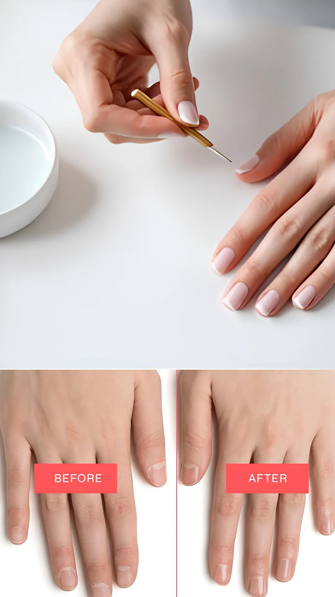 A split-screen image showing precision cleanup and a before-and-after comparison of a manicured hand. The top half depicts a person using a fine-tipped golden tool to carefully clean up excess polish along the cuticle line. The bottom half shows labeled "BEFORE" and "AFTER" panels of a hand, highlighting ragged, dry cuticles with chipped polish compared to smooth, hydrated skin with a clean, flawless, long-lasting nude manicure.