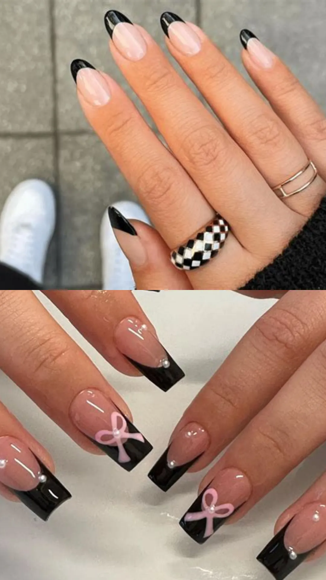 Trendy variations of a black French manicure showing classic thin black tips on short almond nails on top, and bold, thick black square tips decorated with soft pink ribbons and delicate pearl studs below.