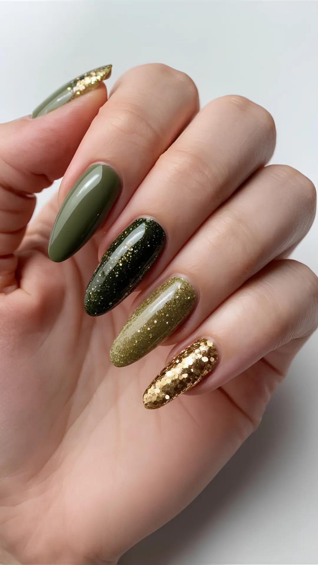 A stunning autumn gradient manicure on long almond nails, transitioning from a solid olive green to deep forest green glitter, shimmering sage glitter, and a fully encrusted gold glitter accent nail.