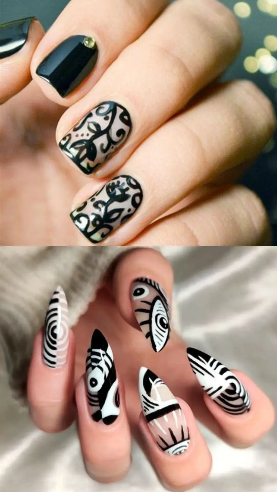 Edgy black nail art showcasing short square nails with abstract hand-painted black vine and floral patterns over a sheer base on top, compared below with sharp stiletto nails featuring dramatic graphic black and white pop-art eye designs.