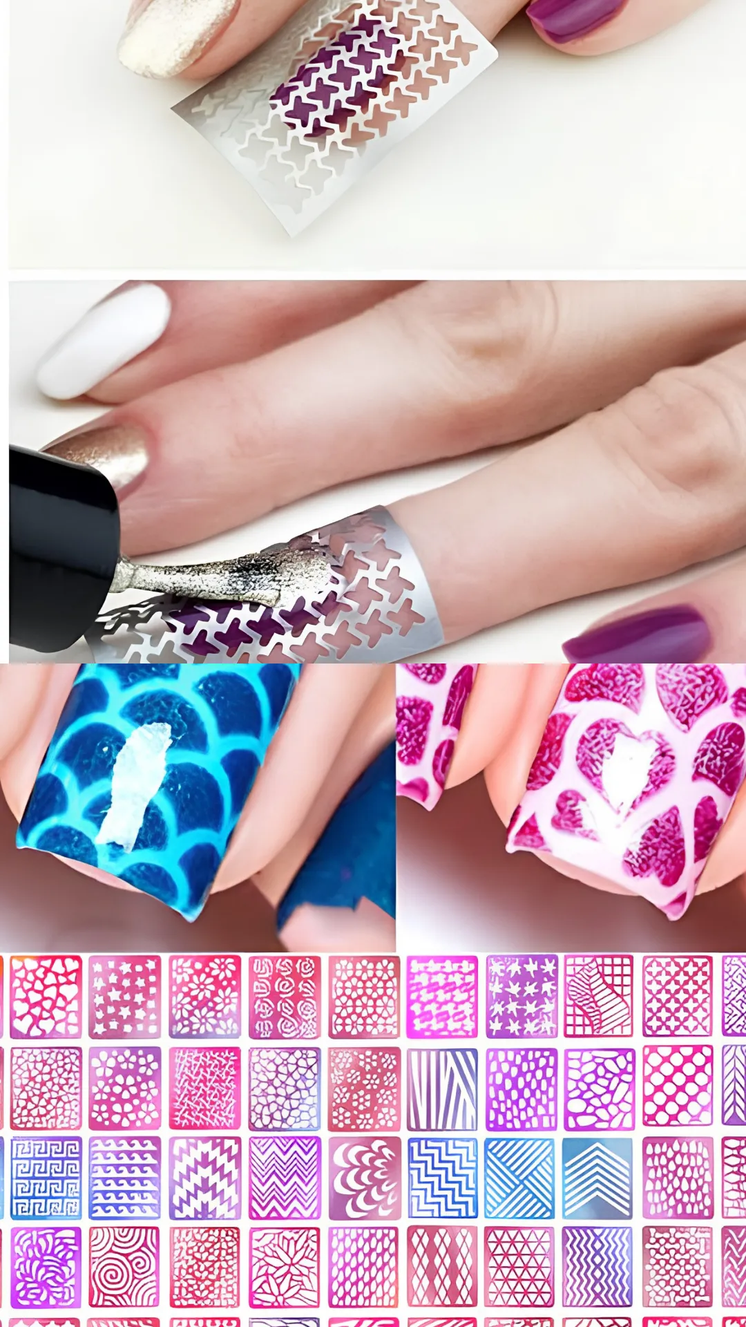 A multi-panel image demonstrating the use of vinyl stencils and stickers for complex nail art patterns. The top two panels show a step-by-step application where a flexible silver stencil with a cross-hatch geometric grid pattern is pressed onto a plum-purple fingernail, and a metallic silver polish is painted directly over the stencil openings. The middle panels showcase close-ups of finished stenciled designs, including a bright blue mermaid scale pattern and a repeating pink heart grid over a white base. The large bottom section displays a grid of dozens of different colorful vinyl sticker pattern options, including stars, flowers, chevrons, zebra stripes, and abstract swirls.