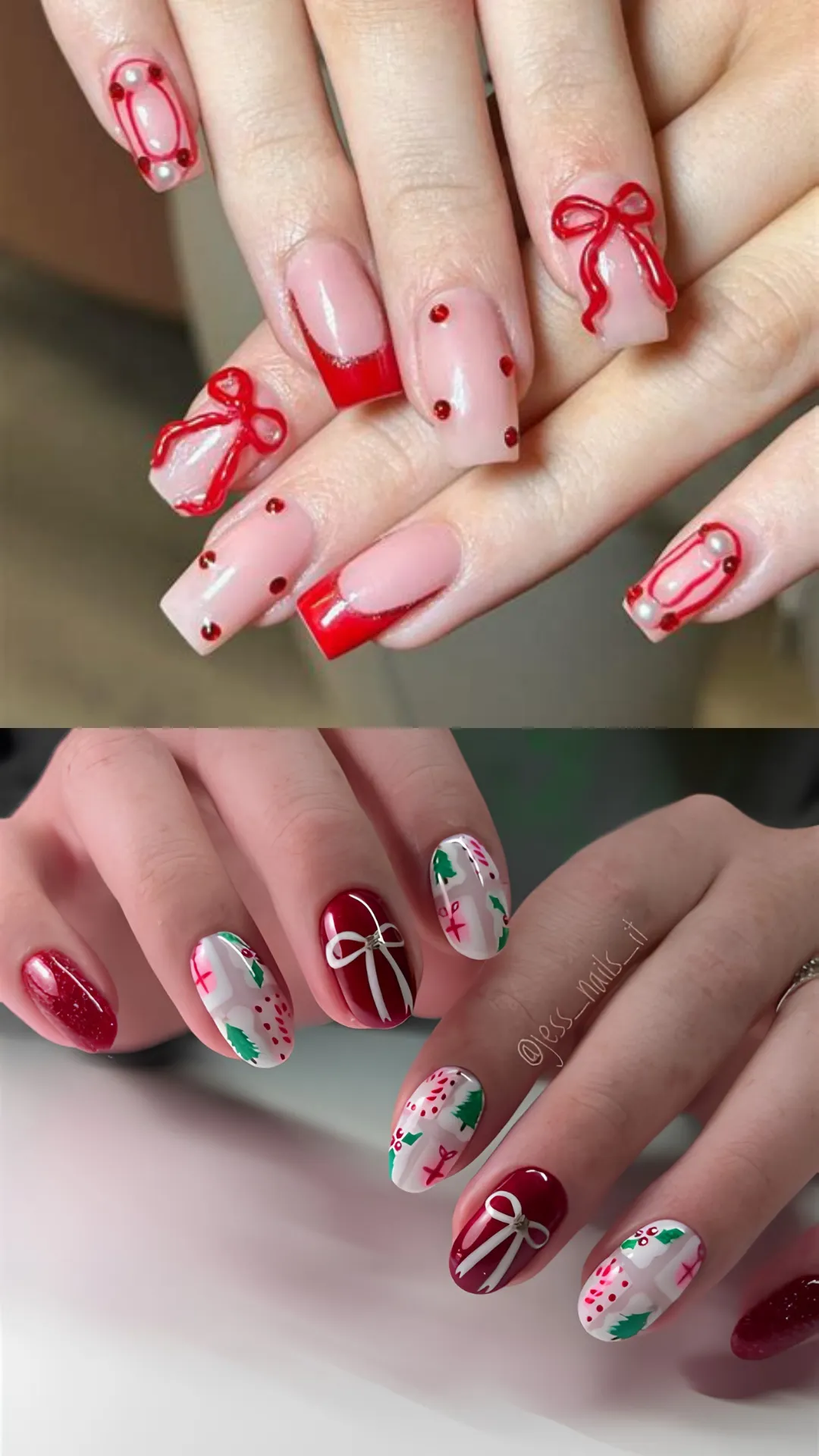 Festive Christmas bow nail art showing a glossy red French manicure with textured 3D raised red gel bows, alongside deep red nails featuring white gift wrap ribbons and holiday patterned accent nails.