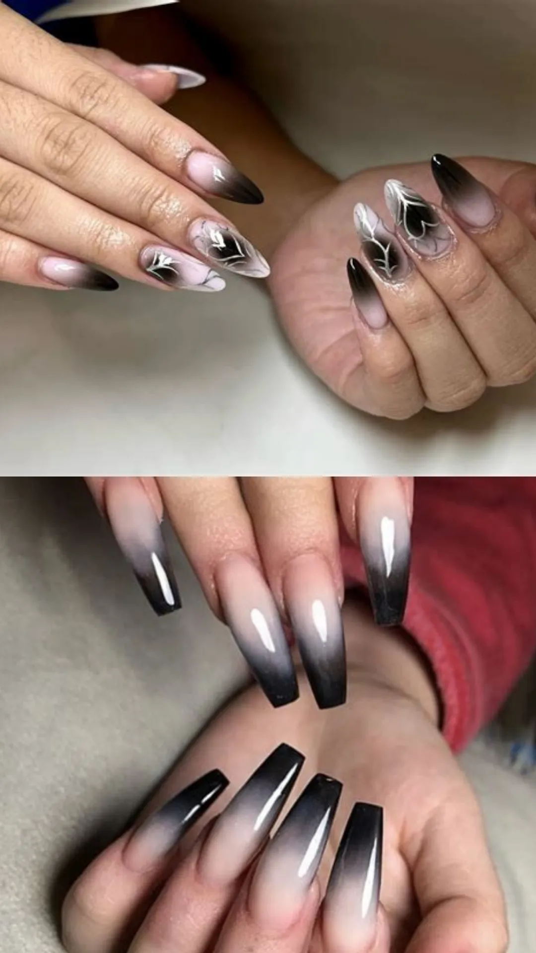 Daring black ombre manicures showing elegant almond nails with a soft pink-to-black gradient and smoky white marble designs on top, contrasted with long coffin nails featuring a stark, high-contrast nude-to-glossy-black ombre below.