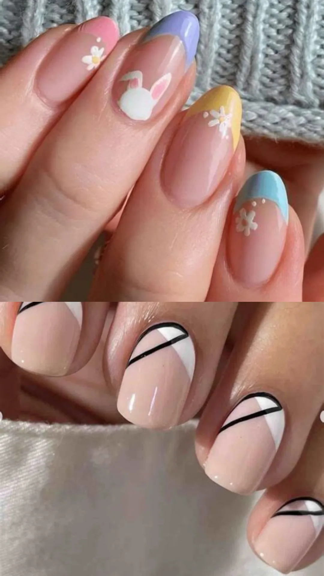 A split-screen image showing two distinct, minimalist nail art designs. The top half shows oval-shaped nails with colorful pastel French tips in pink, lilac, yellow, and light blue, decorated with small white daisies and a peeking white Easter bunny. The bottom half shows a modern geometric manicure on square nails featuring a glossy nude base with white diagonal side tips bordered by clean, sharp black graphic lines.