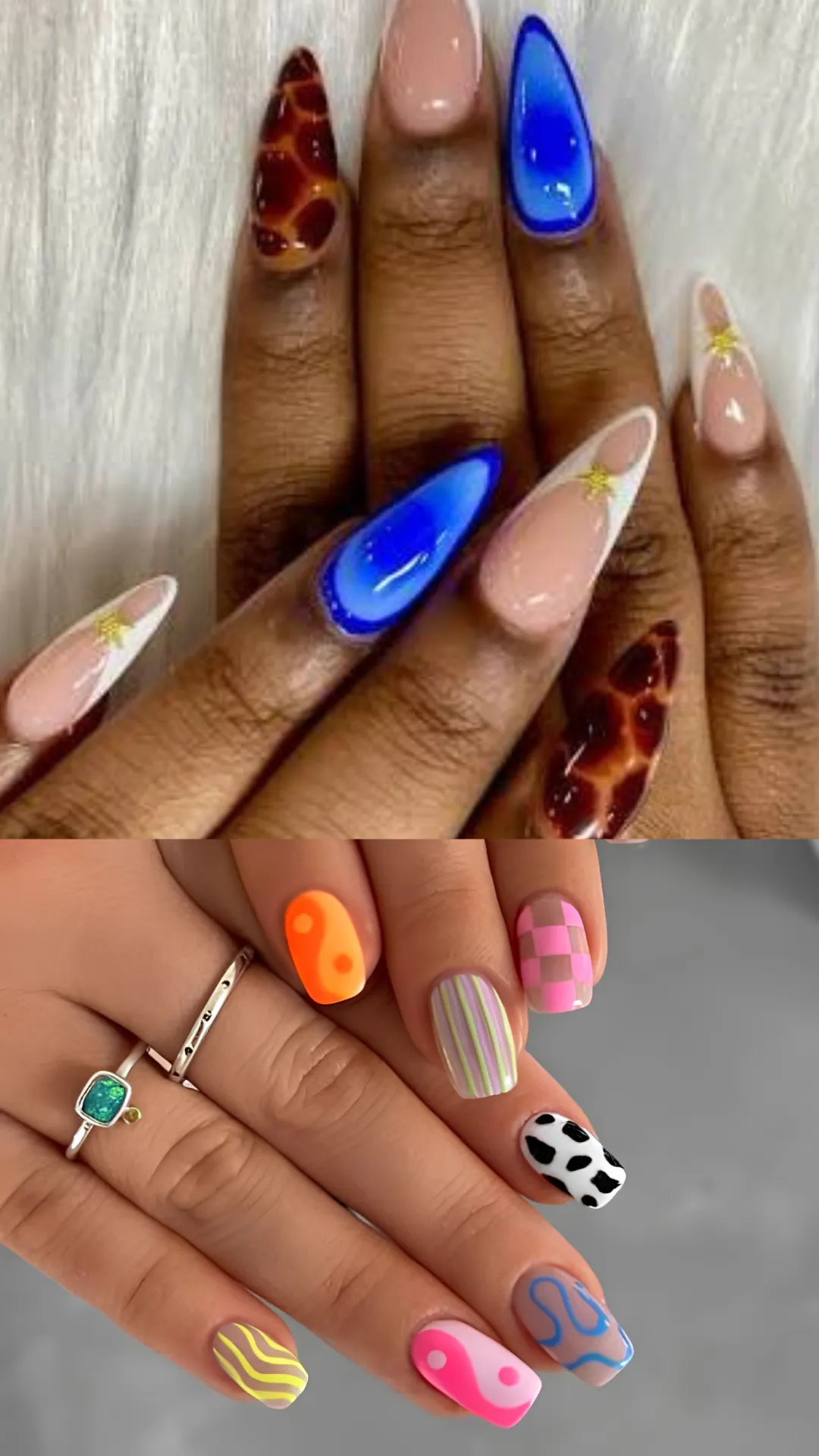 A split-image collage showcases diverse and creative gel nail art designs. The top panel features long, elegant stiletto-shaped nails. They showcase a combination of rich brown and amber tortoise shell, solid royal blue, and sheer pink nails with gold star decals and white French tips. The overall aesthetic is earthy and mystical. The bottom panel displays short, square-cut nails on a hand wearing stacked rings. Each nail features a playful pattern like pink and red cow print, yellow and white wavy lines, blue abstract swirls, a simple green dot, and orange and white yin-yang symbols. Both examples highlight the range of personalized styles possible with long-wearing gel manicures.