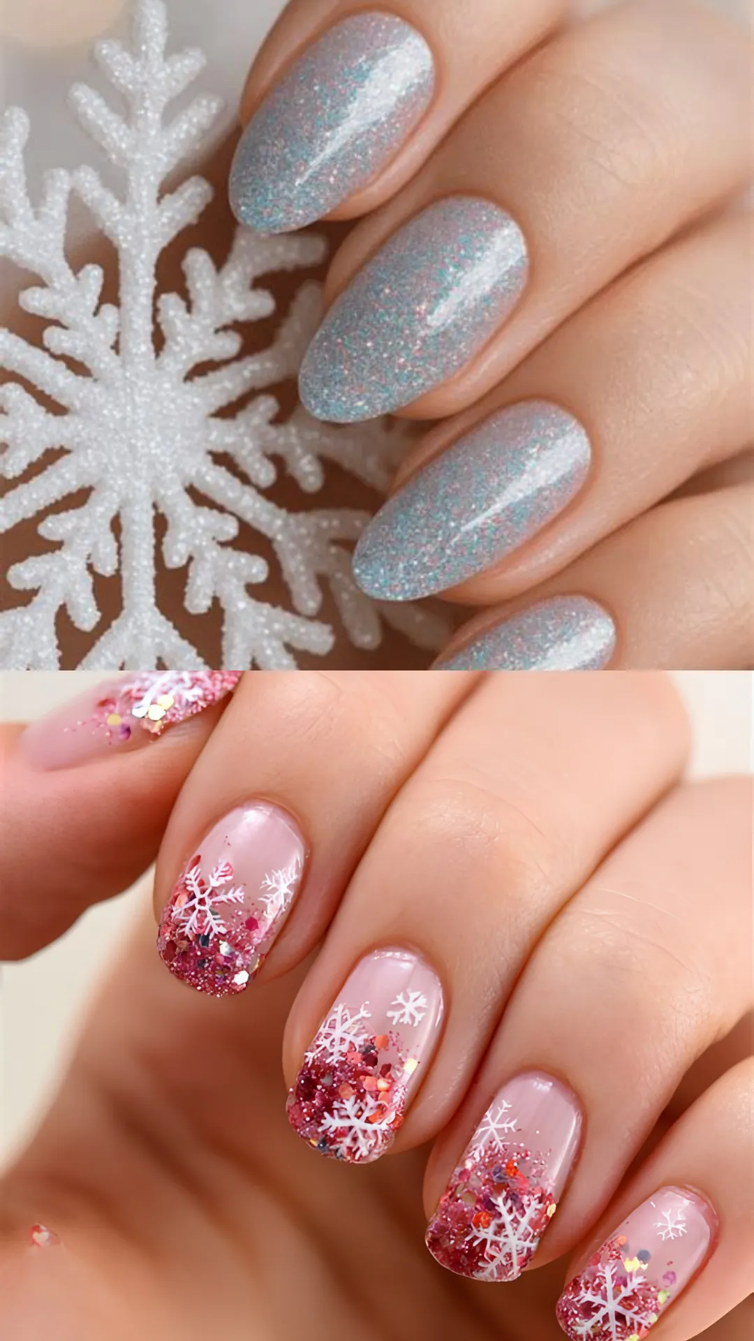Festive winter manicure ideas featuring a hand with shimmering icicle-blue holographic glitter nails holding a white snowflake ornament, paired below with a glossy nude manicure showing pink chunky glitter ombre tips and delicate white painted snowflakes.