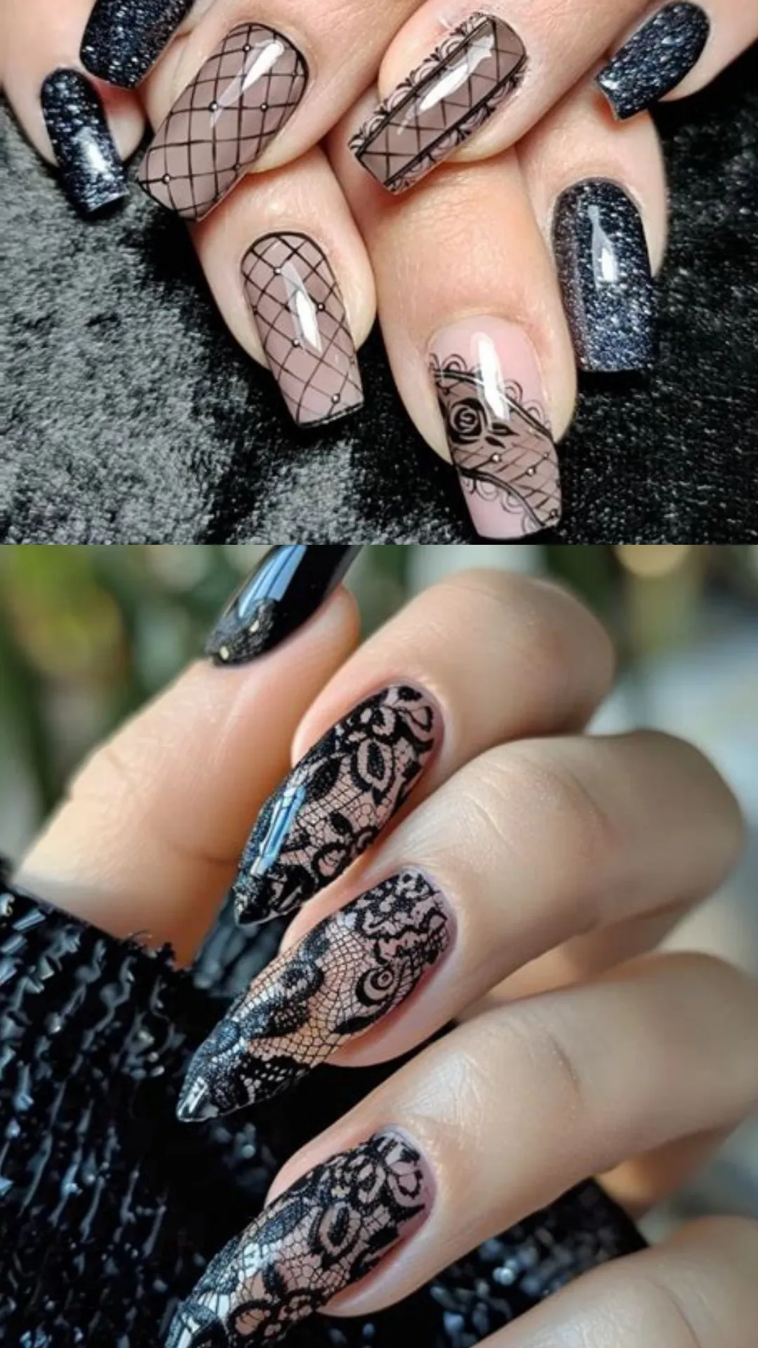 Gothic lace nail designs showcasing square nails with a mix of fishnet patterns, delicate rose lace details, and dark textured glitter polish on top, paired below with long stiletto nails wrapped in highly detailed black floral lace overlays.