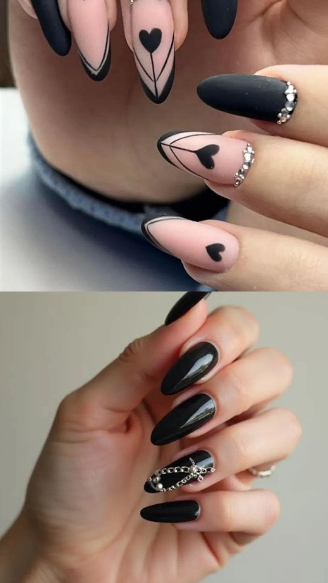 Stunning alternative manicures featuring long almond nails with matte black negative-space hearts, v-shaped French lines, and rhinestone cuffs on top, alongside high-gloss black nails decorated with a silver 3D chain and gem charm below.