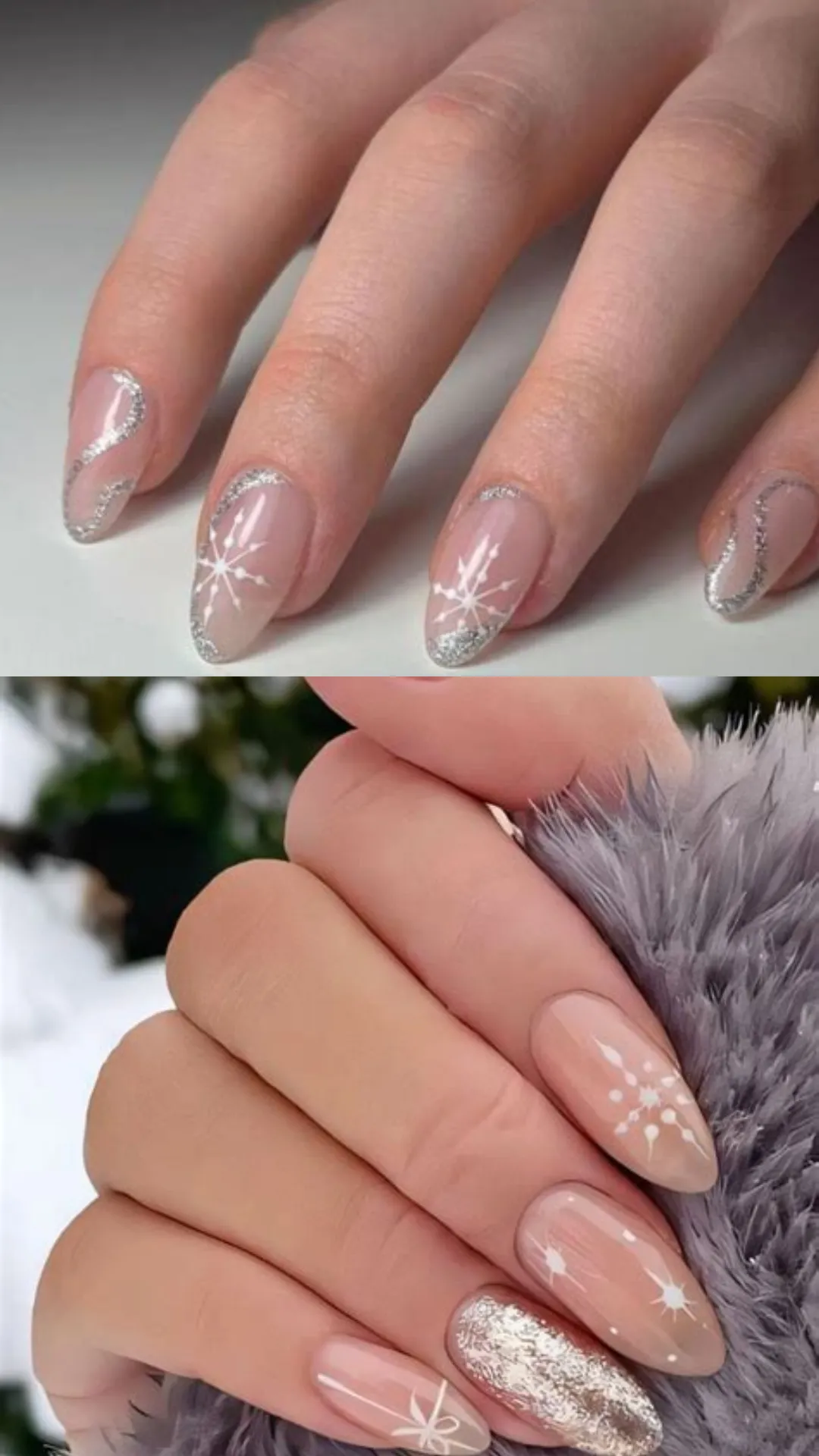 Minimalist and chic winter nail art on almond-shaped nails with a sheer nude base, featuring delicate white snowflake designs and shimmering silver glitter swirls.