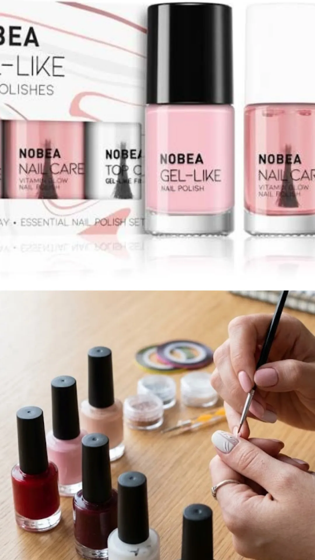 A split-screen image highlighting essential beginner nail colors and detailing brushes. The upper graphic showcases the retail packaging for a "Nobea Gel-Like Nail Polish Set," featuring a soft baby pink lacquer and a shiny transparent top coat bottle. The lower photo displays a person using an ultra-thin, fine-tipped black detailing nail brush to paint intricate, delicate white patterns onto their nude-colored thumbnail, surrounded by multiple open bottles of red, pink, and white polish.