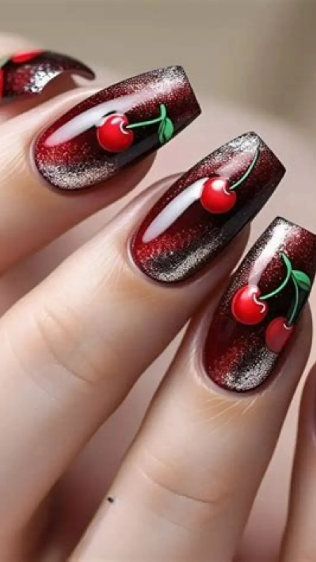 A detailed macro view of long, square-cut coffin nails with an intricate, dark cherry-themed design. The nails feature a glittering, dimensional cat-eye or magnetic base that shifts from deep ruby red to shimmering silver-black. Adorning the surface are realistic, glossy 3D pop-art illustrations of bright red cherries hanging from delicate green stems with tiny white highlight streaks.