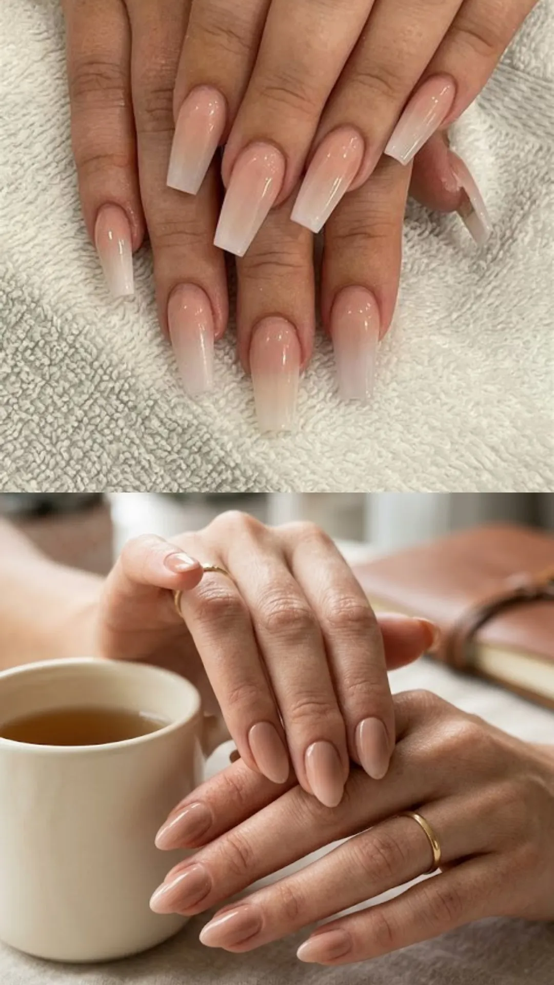A split-screen image highlighting elegant ombre and natural nude nail styles. The top panel showcases long, coffin-shaped acrylic nails with a seamless French ombre or "baby boomer" gradient that smoothly transitions from a soft pink base to a milky white tip over a textured white towel. The bottom panel shows a person holding a white ceramic mug, featuring neat oval nails painted in a soft, glossy beige gel polish with a delicate gold ring on the index finger.