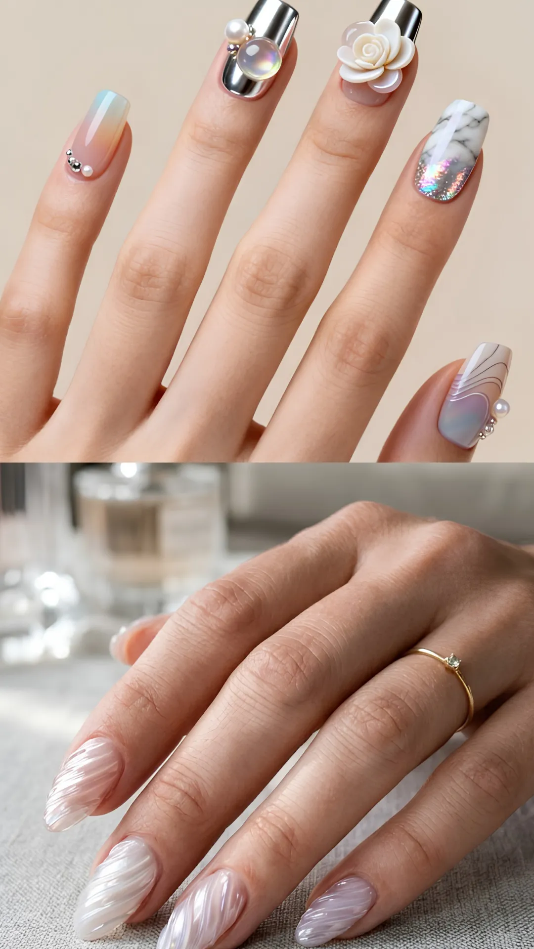A two-part composite photograph featuring futuristic and sea-shell inspired 3D textures. The top half displays mixed-style nails including silver chrome bases adorned with iridescent 3D orb gems, a large sculpted white rose charm, marble foil, and pearl studs. The bottom half shows a subtle, high-shine pearlized gel manicure featuring sculpted 3D diagonal ridge textures mimicking natural seashell grooves on almond nails.