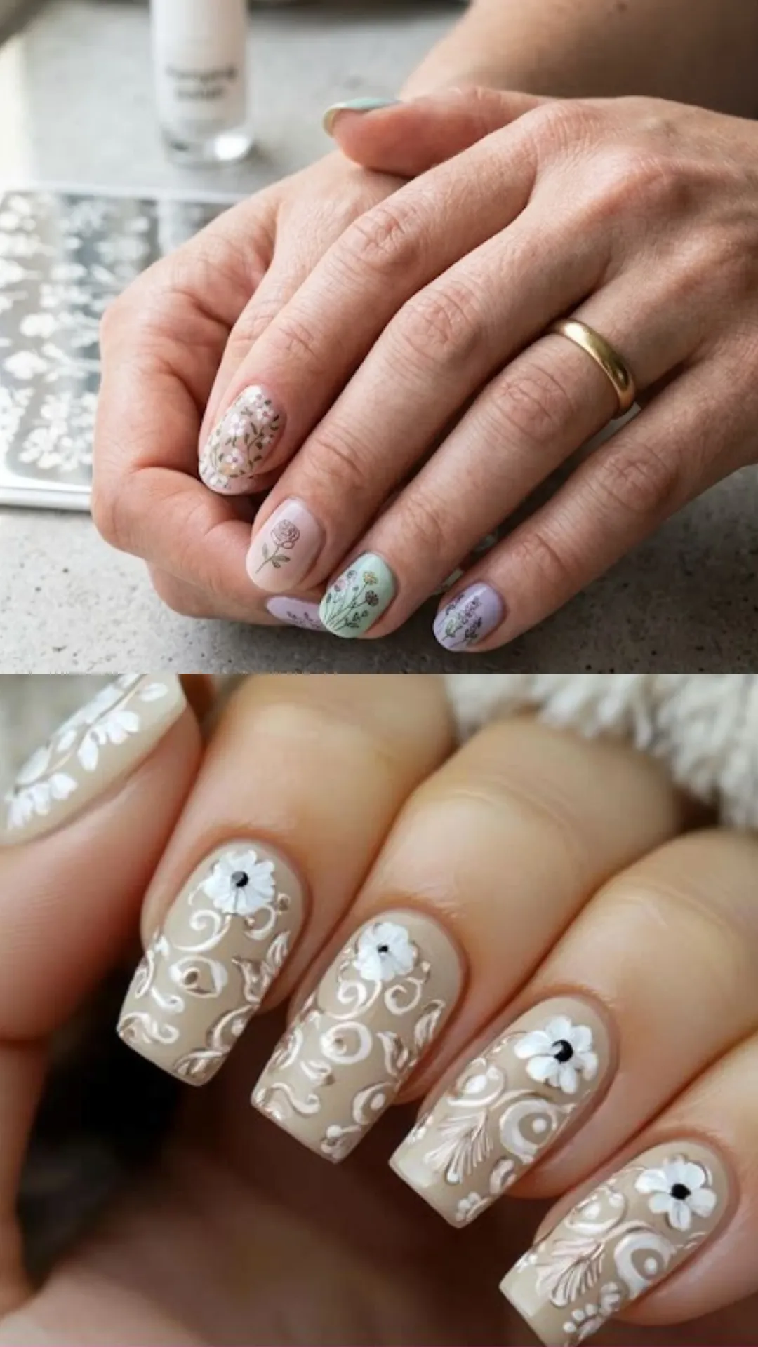 A split-screen photo showcasing delicate floral stamping designs. The upper panel shows two hands held together over a table, displaying short round nails decorated with stamped wildflower sprigs, lavender, and roses over soft pastel mint and lilac bases. The lower panel presents an extreme macro view of square beige nails stamped with an intricate white damask swirl and floral pattern.