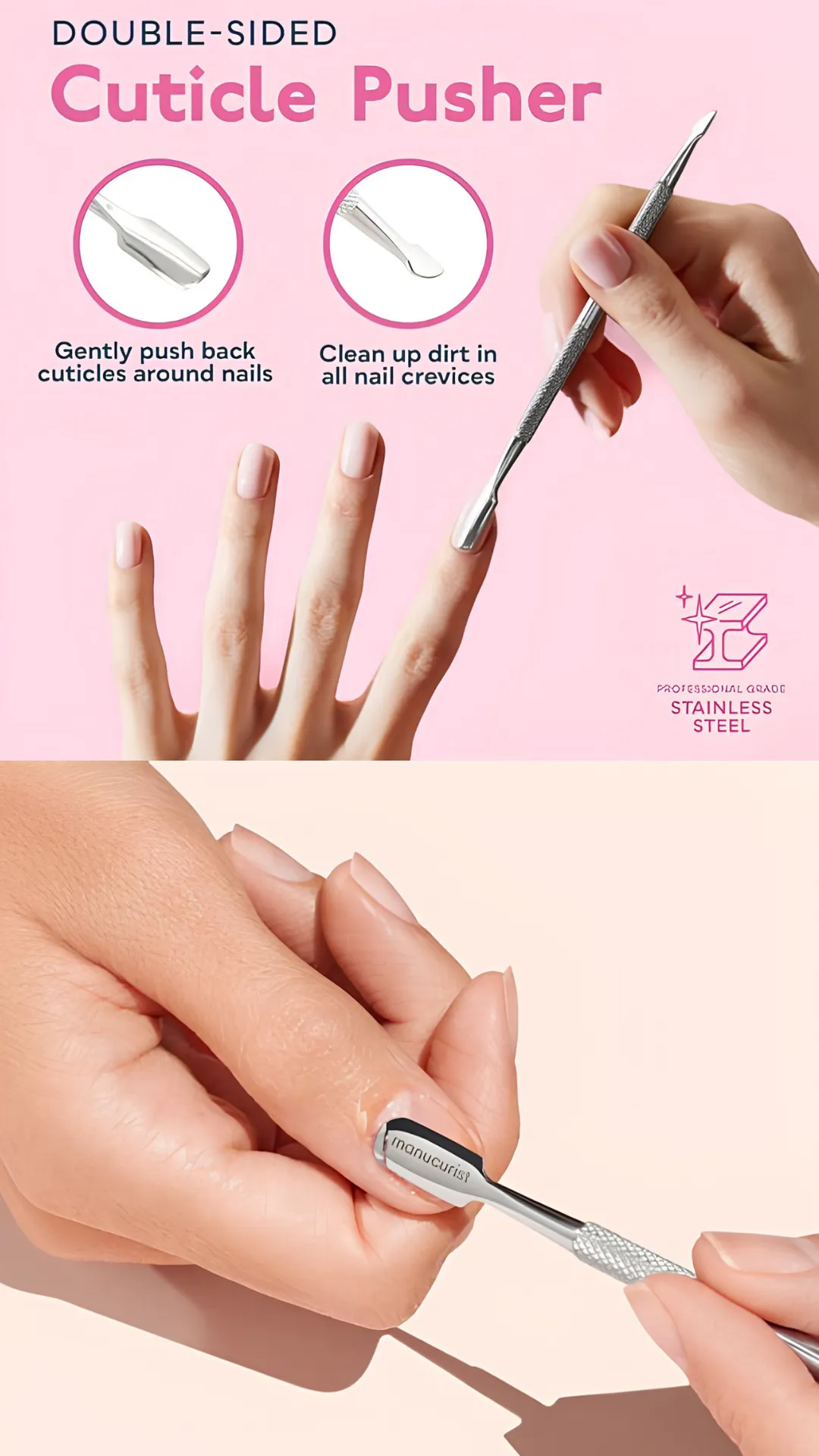 A two-part graphic highlighting proper cuticle preparation techniques. The upper half features a double-sided stainless steel cuticle pusher diagram explaining how to push back cuticles and clear out sidewall crevices. The lower half shows a manicurist using a flat silver metal pusher tool to scrape away dead skin and cuticle tissue along the base of a natural nail bed to prevent polish lifting.