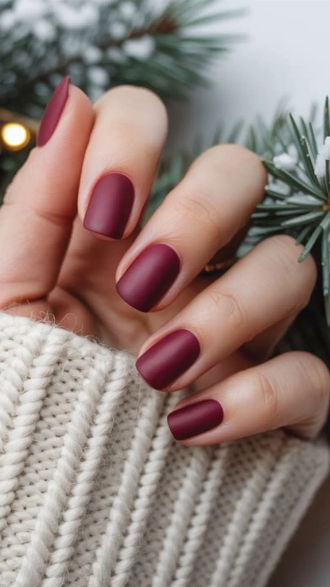 An elegant and understated autumn look showing neatly manicured square nails in a solid, smooth matte burgundy finish, paired with a cozy cream knit sweater.