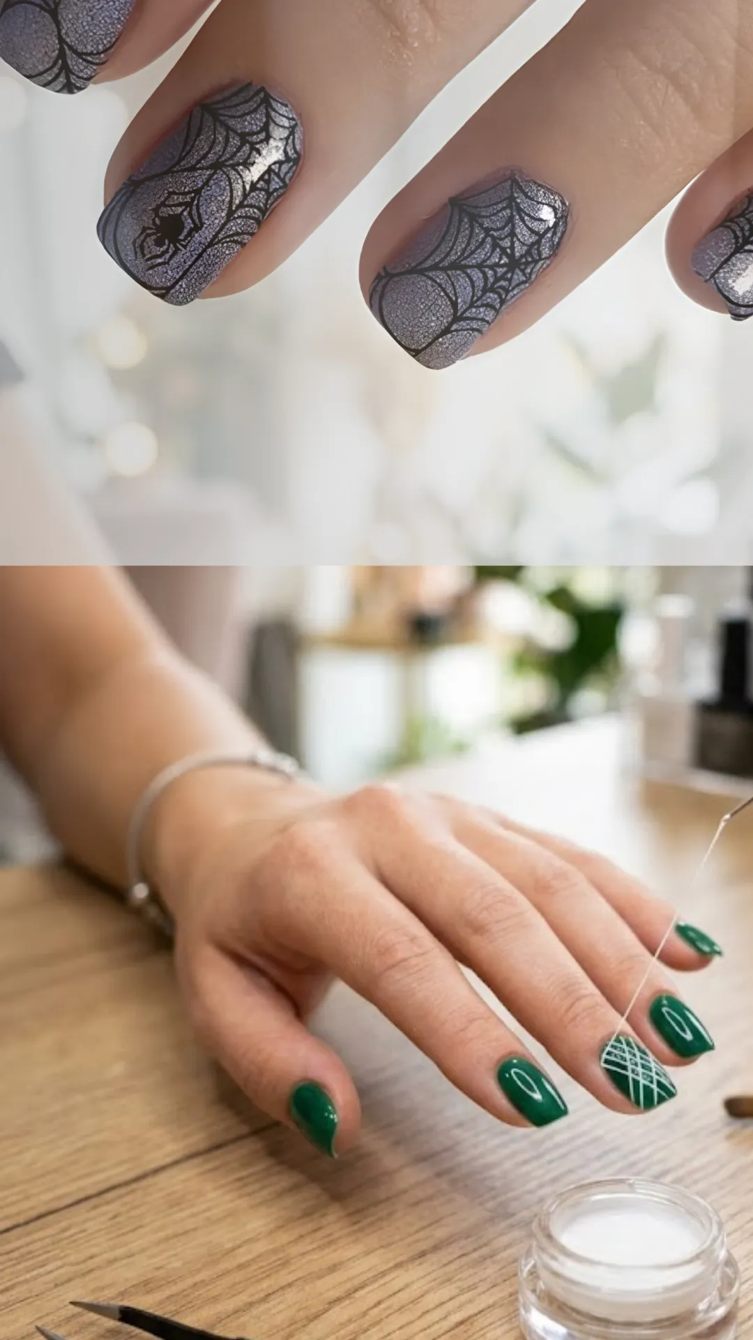A split-screen image displaying two contrasting spider gel manicures. The top section showcases a close-up of fingers with a shimmering, textured silver-grey glitter base coat, decorated with a stamped overlay of crisp, black spiderwebs and a small black spider silhouette. The bottom section shows a hand with long, almond-shaped nails coated in a rich, glossy emerald green polish, with the ring finger featuring a striking geometric white cross-hatch grid pattern created using elastic spider gel over a clear open workspace.
