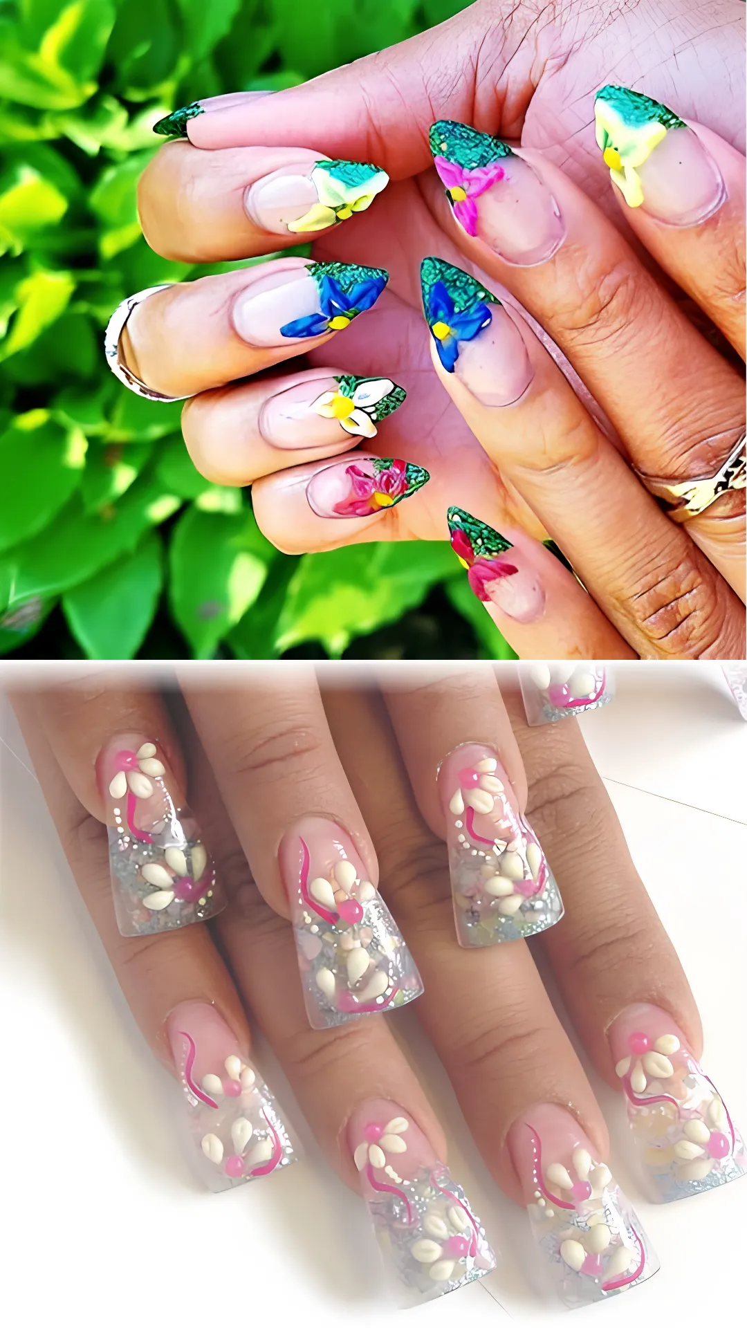 A two-panel display of vibrant acrylic floral nail art. The top image showcases sharp stiletto nails featuring vibrant hand-painted tropical blue, pink, and yellow flowers over clear bases with green textured tip outlines. The bottom image displays long flared square nails featuring transparent tips embedded with delicate 3D white and pink acrylic flowers, surrounded by fine silver glitter.