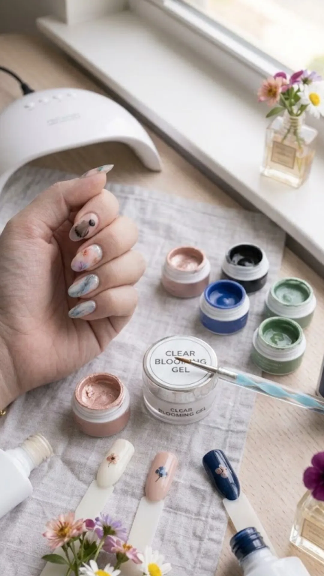 A collection of nail art supplies laid out on a gray linen cloth, including a jar of clear blooming gel, small pots of green, blue, black, and rose gold gel paints, floral nail sample sticks, and fresh wildflowers in a miniature glass vase.