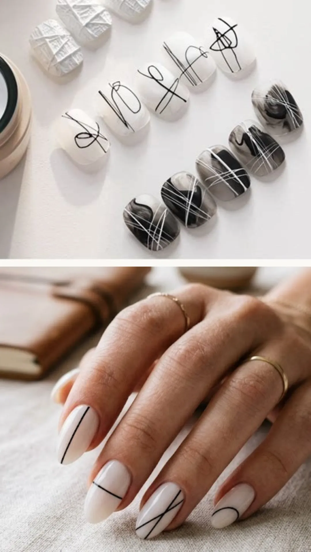 A two-part image showcasing minimalist and modern abstract nail designs. The upper section displays ten short press-on nails arranged in two color schemes; five feature a milky white base with chaotic, fine black abstract loop lines, and five feature a black and grey marble smoky base overlaid with crisp white intersecting lines. The lower section features a close-up of a hand with elegant, almond-shaped milky white nails, each decorated with simple, thin black geometric line art running vertically or horizontally across the nail beds.