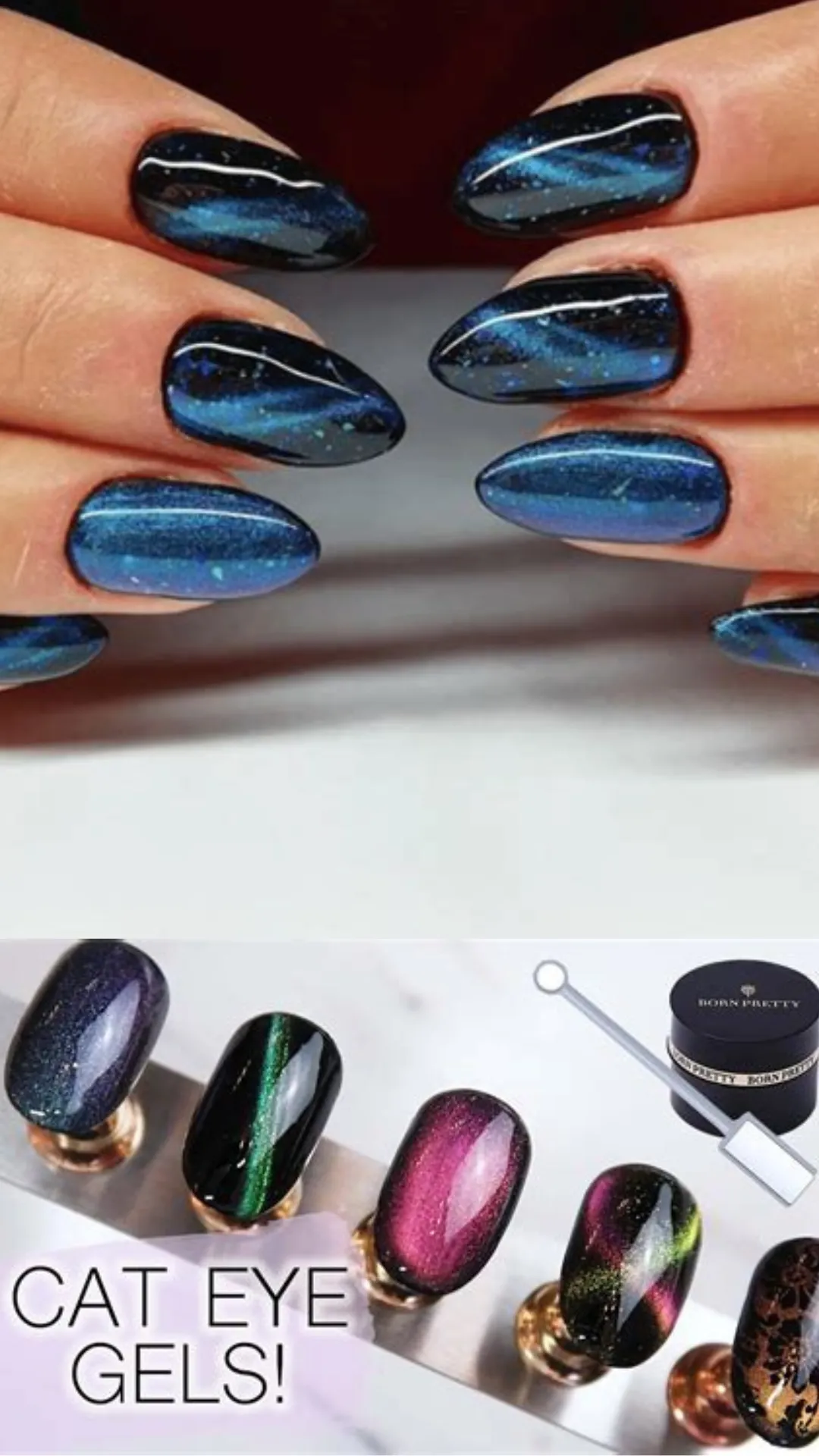 A split-screen image highlighting deep blue celestial cat-eye manicures. The top half shows two hands with almond-shaped nails coated in a black base with a shimmering, magnetic teal and cosmic blue stripe reminiscent of the Northern Lights. The bottom half displays sample nail extensions showing different variations of the cat-eye gel effect in purple, emerald green, magenta, and gold glitter alongside a small magnetic tool.