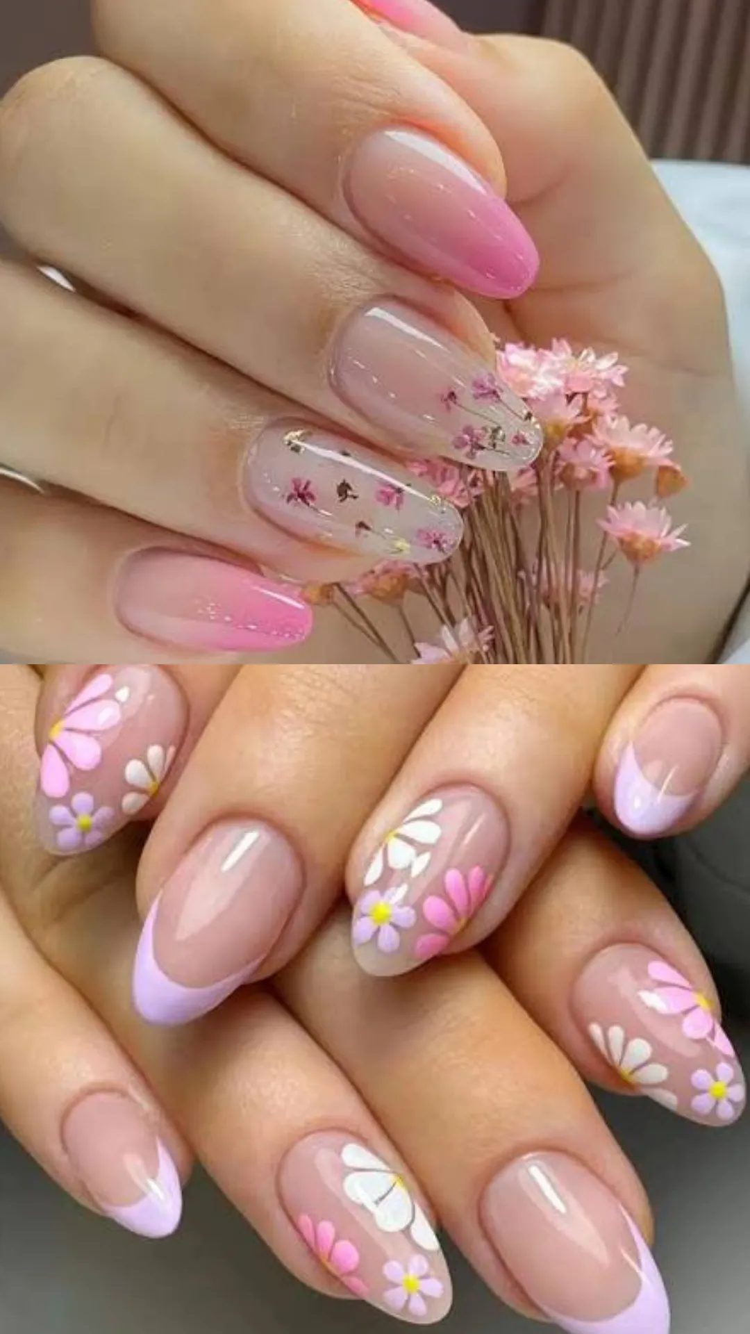 This split-image collage presents two variations of short, elegant almond-shaped floral nail art. The top panel shows nails with a sheer base and delicate real dried purple and pink flowers with tiny gold leaf accents embedded within. The bottom panel features playful hand-painted daisies in pink and white with yellow centers, mixed with subtle lavender-purple French tips on alternating fingers. Both designs maintain a natural nude base for an elegant everyday aesthetic. The nails are clean, glossy, and demonstrate detailed artistry perfect for spring or summer styles.