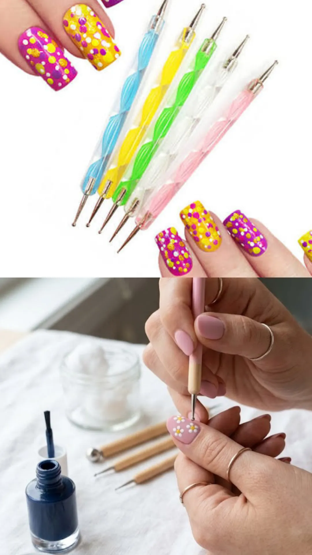 A two-part image showcasing manicuring dotting tools. The top section features a set of five professional double-ended acrylic dotting tools with colorful swirled handles in blue, yellow, green, clear, and pink, alongside a display of bright pink nails painted with multi-colored polka dots. The bottom section shows a close-up of a person using a wooden-handled dotting tool to precisely press tiny white floral dots onto a light pink fingernail, forming a daisy pattern near a bottle of dark blue polish.