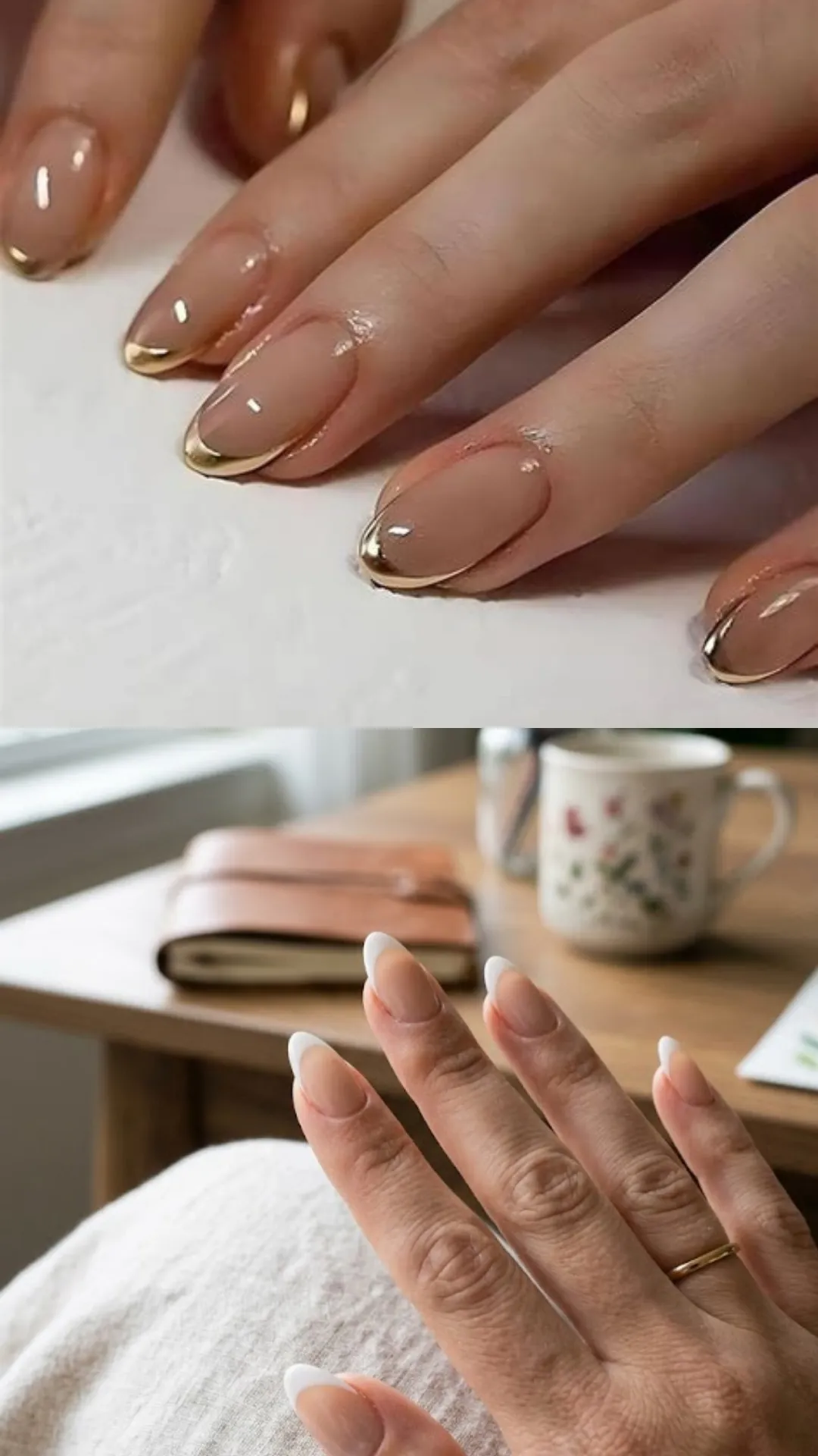 A two-part image presenting modern metallic twists on nude manicures. The upper photo captures a close-up of long oval nails styled with a clear nude base accented by mirror-like gold chrome French tips resting on a white surface. The lower photo displays a hand with long almond-shaped nails featuring subtle white French tips, posed naturally over a wooden table setting with a leather journal and flower-adorned mug in the background.