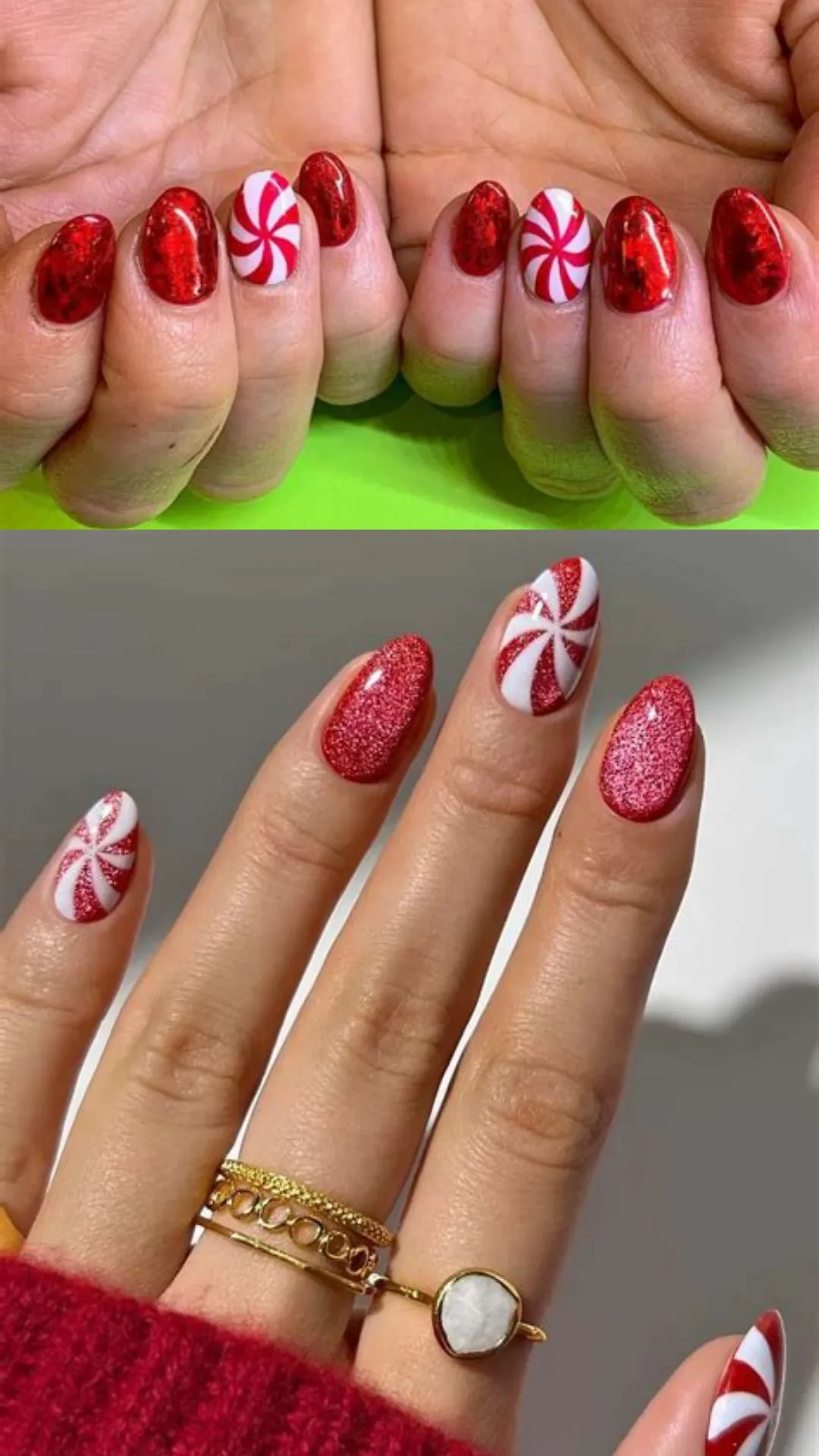 Festive holiday nail design featuring vibrant red glitter polish paired with playful, glossy red and white peppermint candy swirl accent nails.