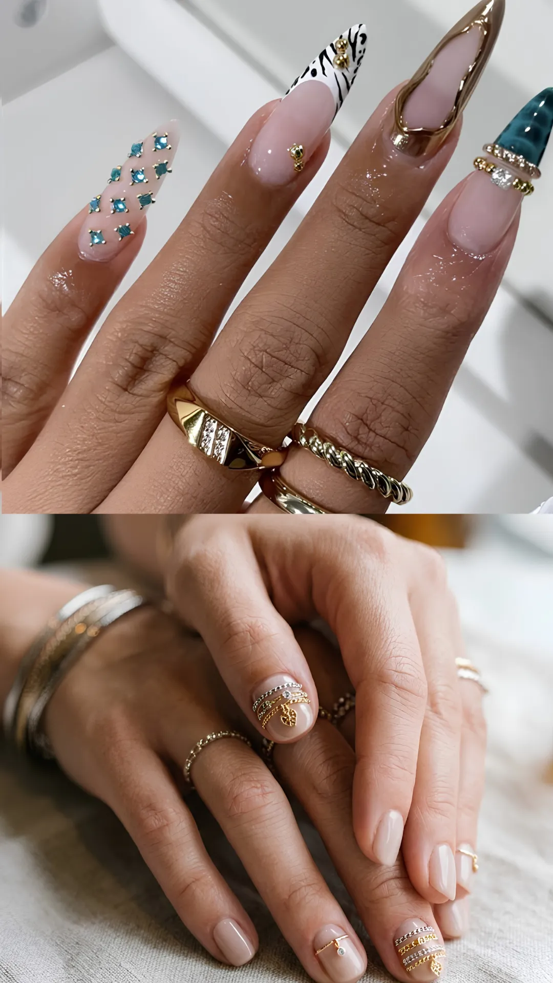 A split photo showcasing luxurious metallic and jewelry-inspired 3D nail art. The upper section depicts long stiletto nails with nude bases, decorated with raised 3D gold chrome frame outlines, teal gemstone studs, and zebra-print French tips. The lower section shows short nude nails adorned with delicate 3D gold chain attachments, dangling heart charms, and thin ring-like metallic bands near the cuticles.