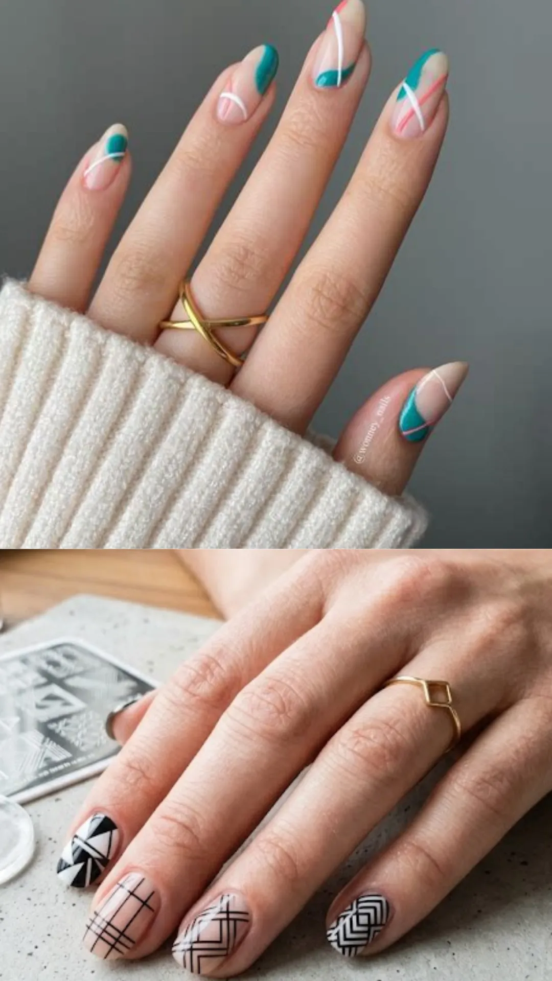 A composite image highlighting modern geometric nail stamping designs. The top half depicts long almond-shaped nails featuring abstract color-blocked wave shapes in teal and coral, stamped over with fine white geometric lines. The bottom half displays a hand with short, square nails featuring high-contrast black graphic stamped patterns, including houndstooth, plaid, and tribal chevron grids.