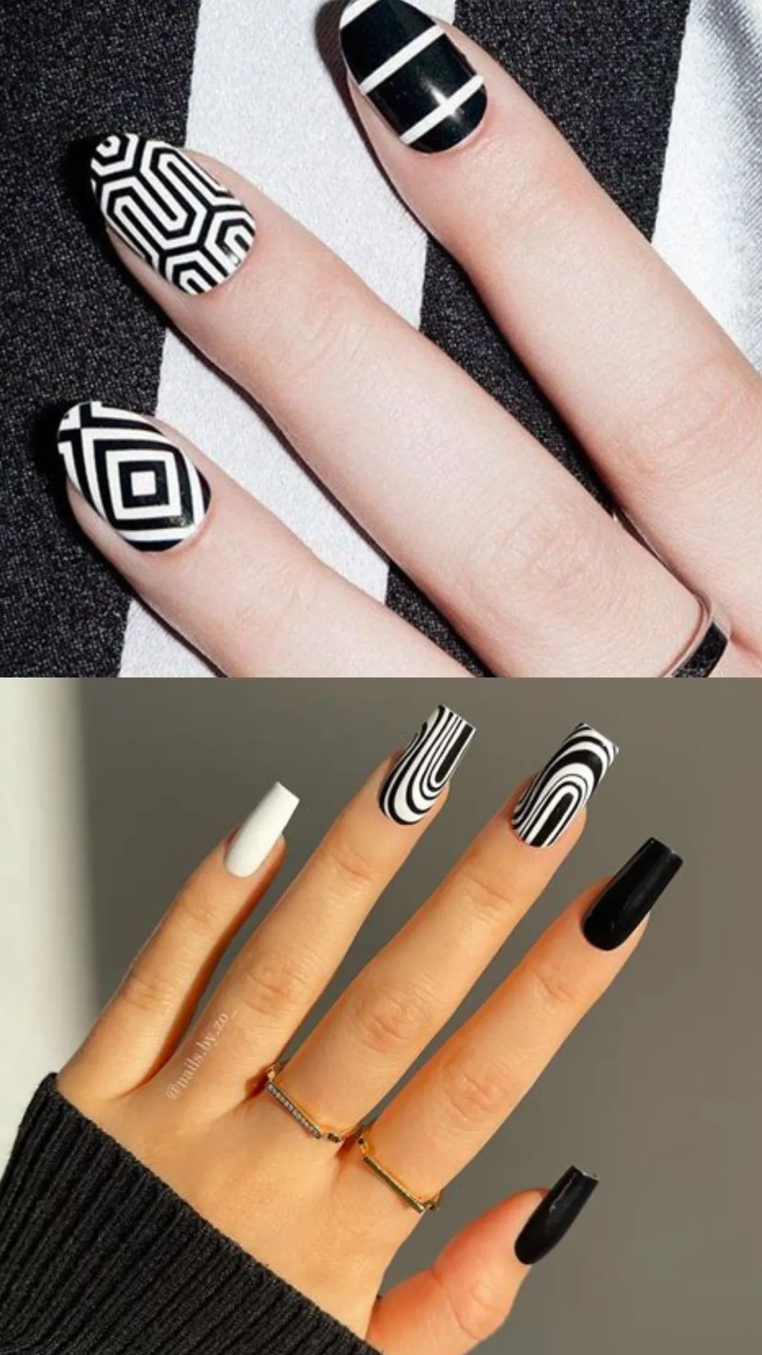 Edgy black and white geometric nail inspo featuring bold optical illusion line patterns on round nails on top, compared with long square acrylics decorated with wavy black and white retro swirls and solid accent nails below.