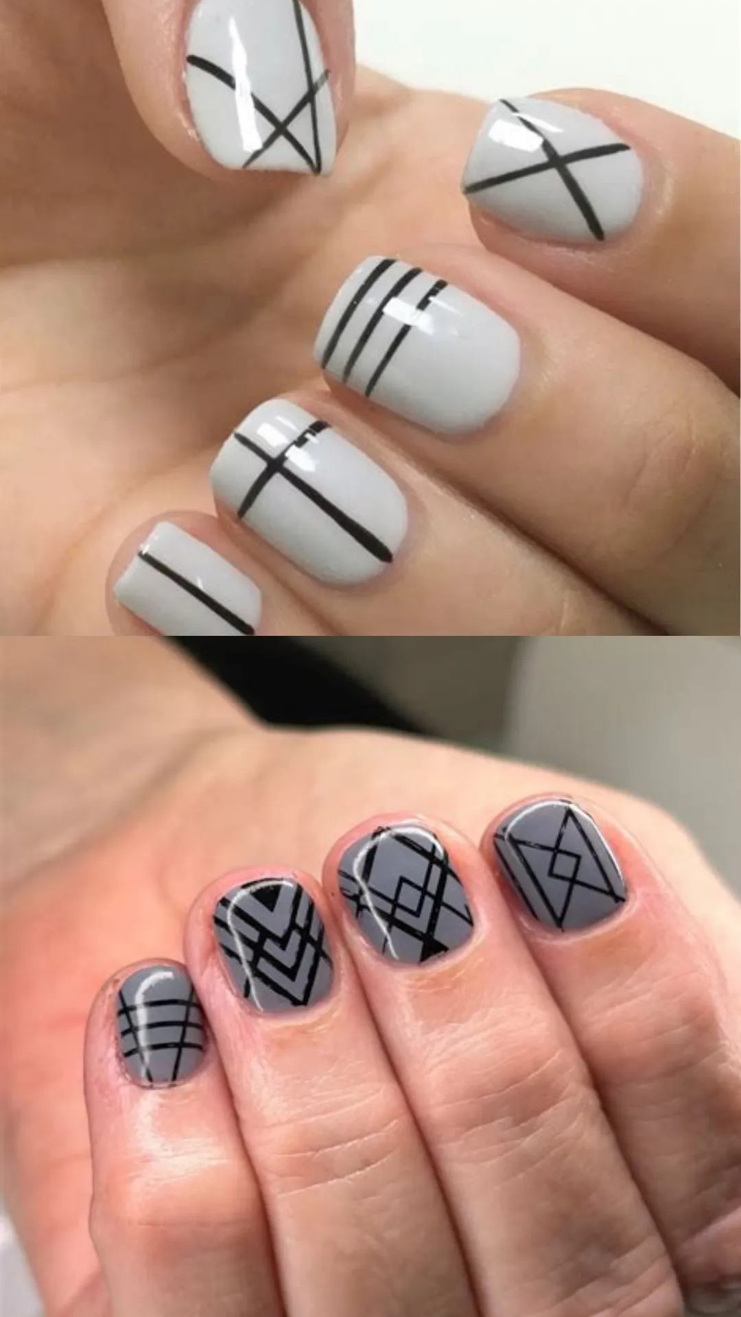 Modern geometric nail art featuring short square nails with a crisp white base and black abstract lines on top, compared with a dark grey base detailed with intricate black line grids below.