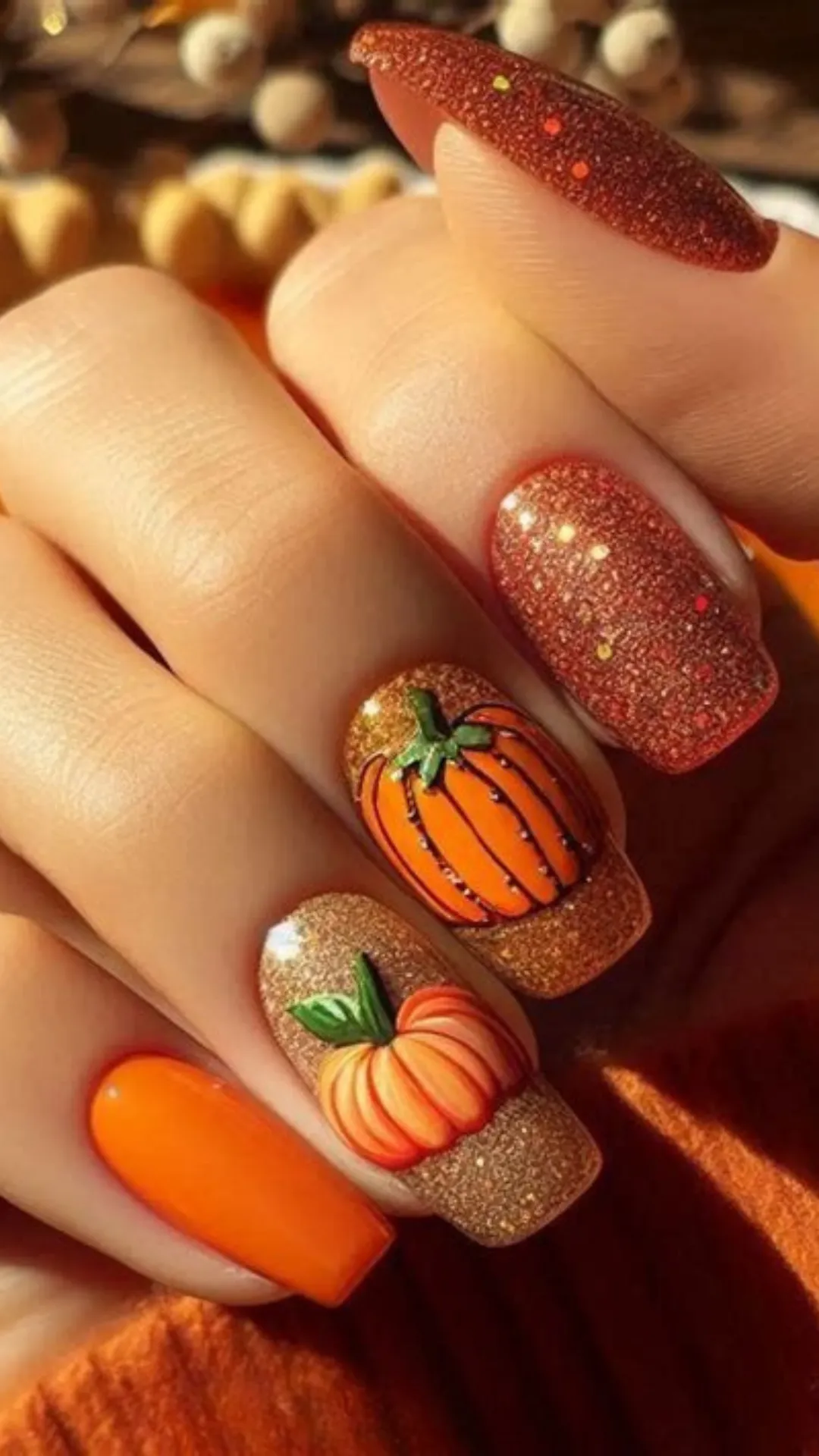 Festive Thanksgiving nail art showcasing a bright orange accent nail, copper glitter-infused nails, and hand-painted pumpkins resting on a sparkling gold glitter base.