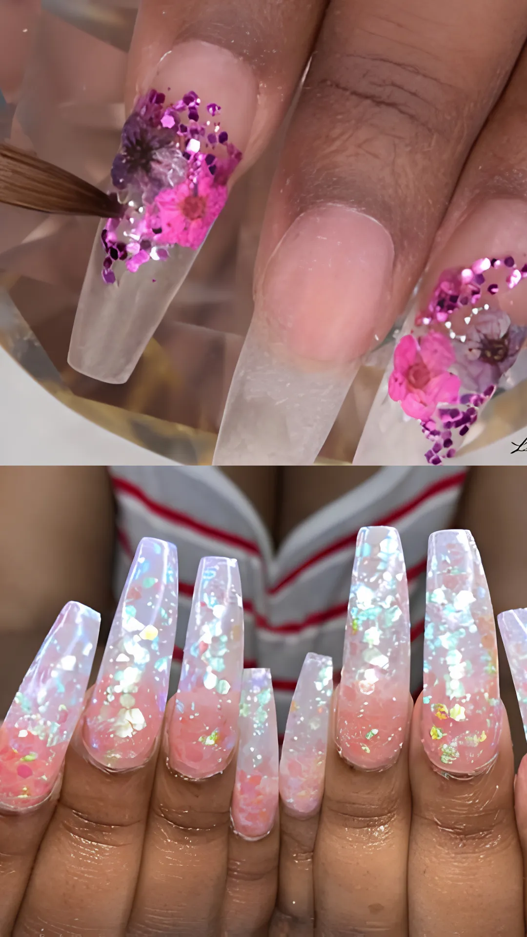 A two-panel look at multi-dimensional encapsulating acrylic nail techniques. The top panel captures a close-up of a nail technician using a brush to embed real dried pink and purple flowers with matching chunky violet glitter into clear acrylic. The bottom panel highlights a full set of extra-long coffin nails with a translucent milky-pink base shimmering with encapsulated iridescent opal flakes.